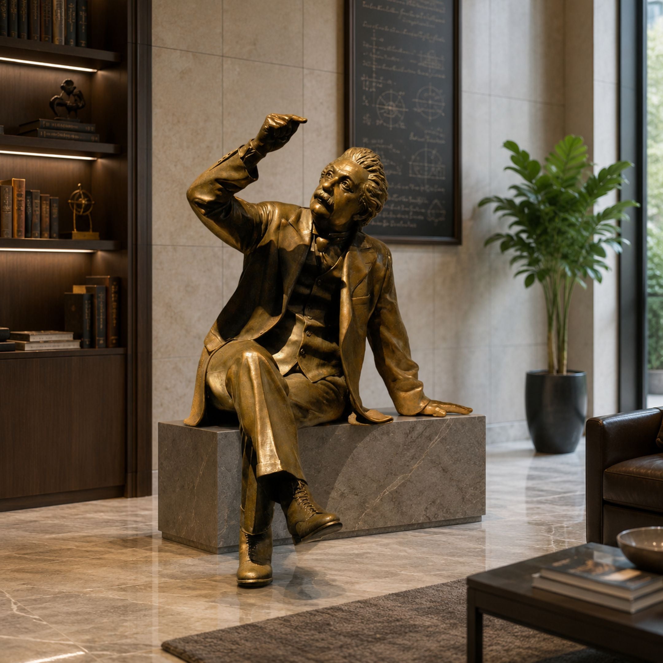 Life-Size Contemporary Suited Bench Figure Bronze Sculpture, 160cm, seated bronze man with raised pointing hand on a stone bench, in a modern room with bookshelf and plant.