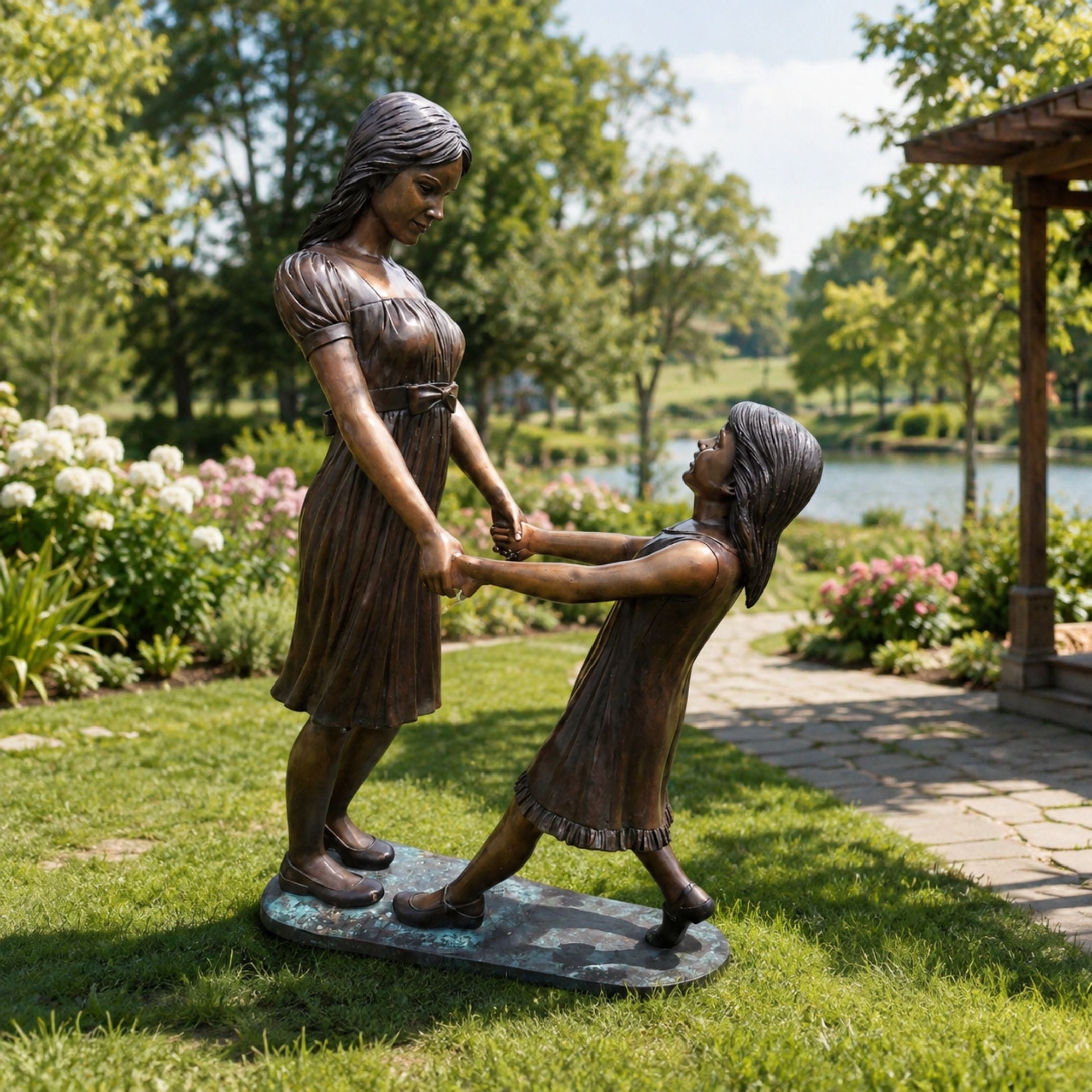 Life-Size Contemporary Two Girls Bronze Sculpture, 170cm, cast bronze figures holding hands in a garden setting on a stone base.