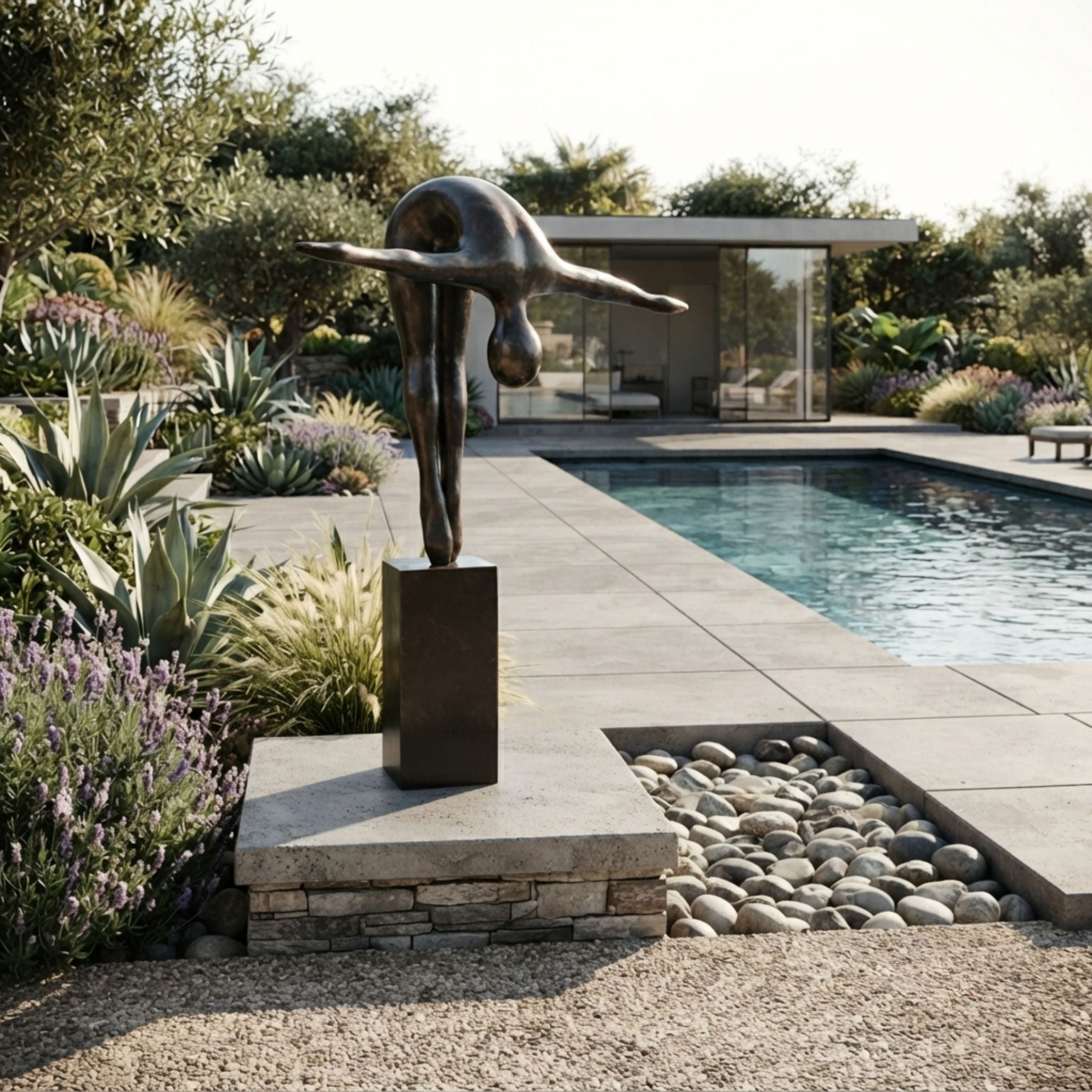Life-Size Modern Abstract Diving Figure Bronze Sculpture by Giant Sculptures on a matching plinth beside a pool, with lavender, succulents and a garden pavilion.