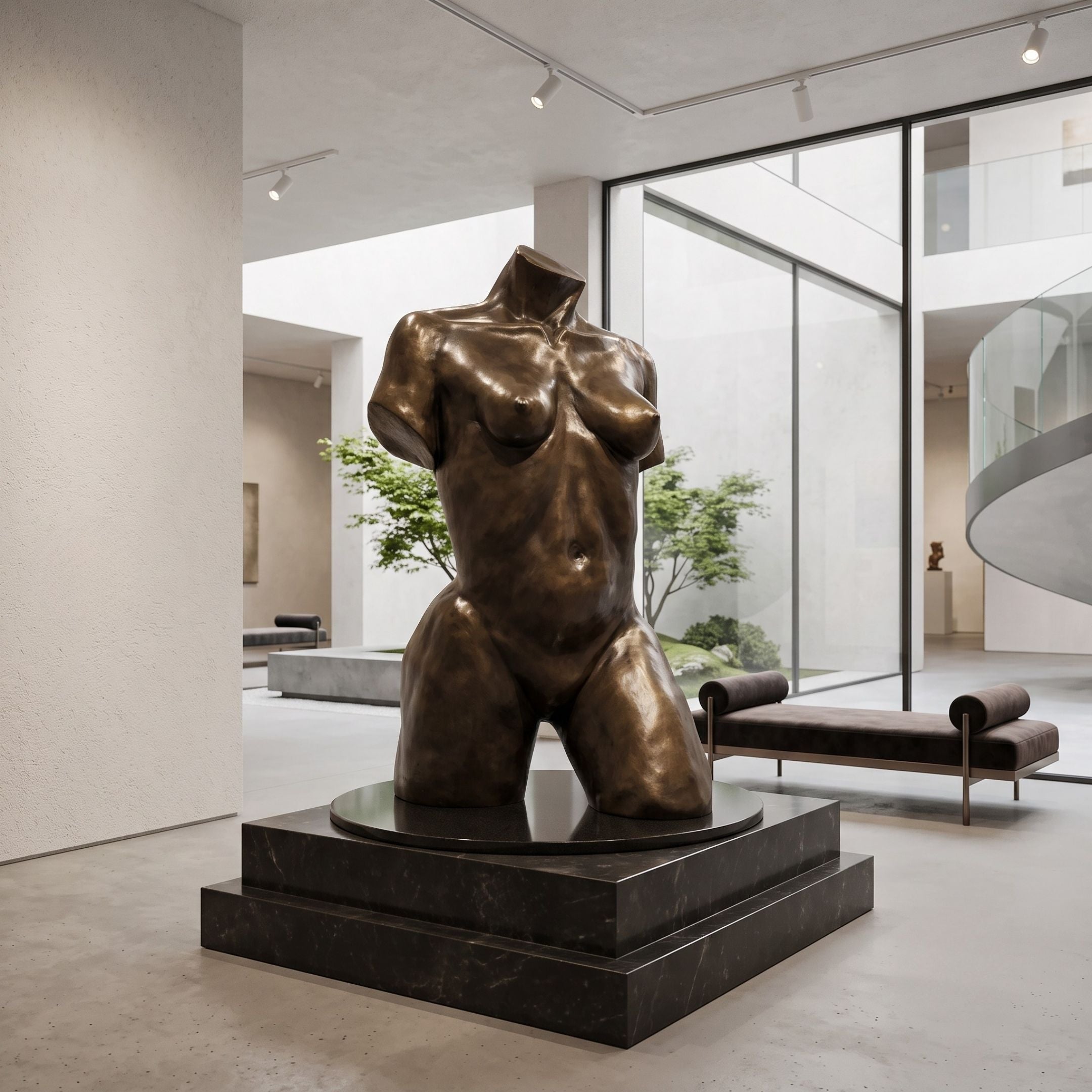 Life-Size Modern Female Torso Bronze Sculpture by Giant Sculptures, 140cm headless figure with warm brown patina, displayed on a black stepped plinth in a gallery.