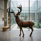 Life-Size Standing Stag Bronze Sculpture by Giant Sculptures, 270cm, shown in profile with wide multi-point antlers and dark brown patina in a gallery beside a courtyard.