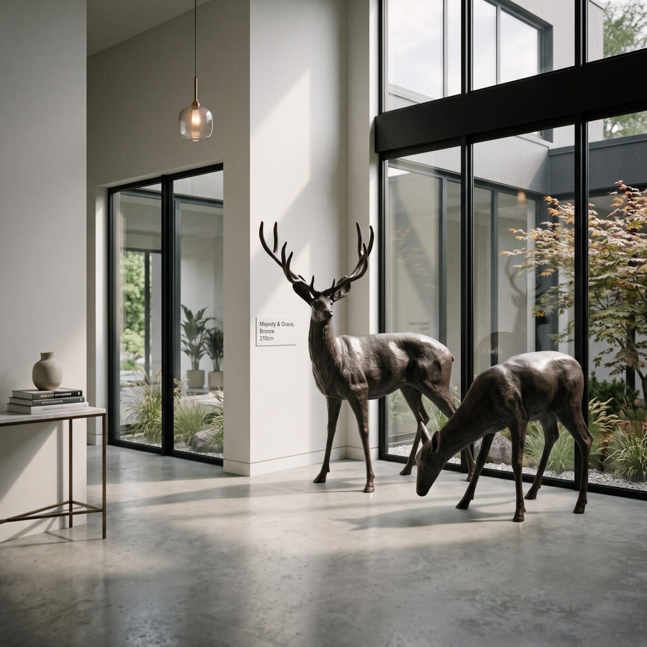 Life-Size Standing Stag and Grazing Doe Bronze Sculpture by Giant Sculptures displayed in a bright modern atrium beside floor-to-ceiling windows and a garden.