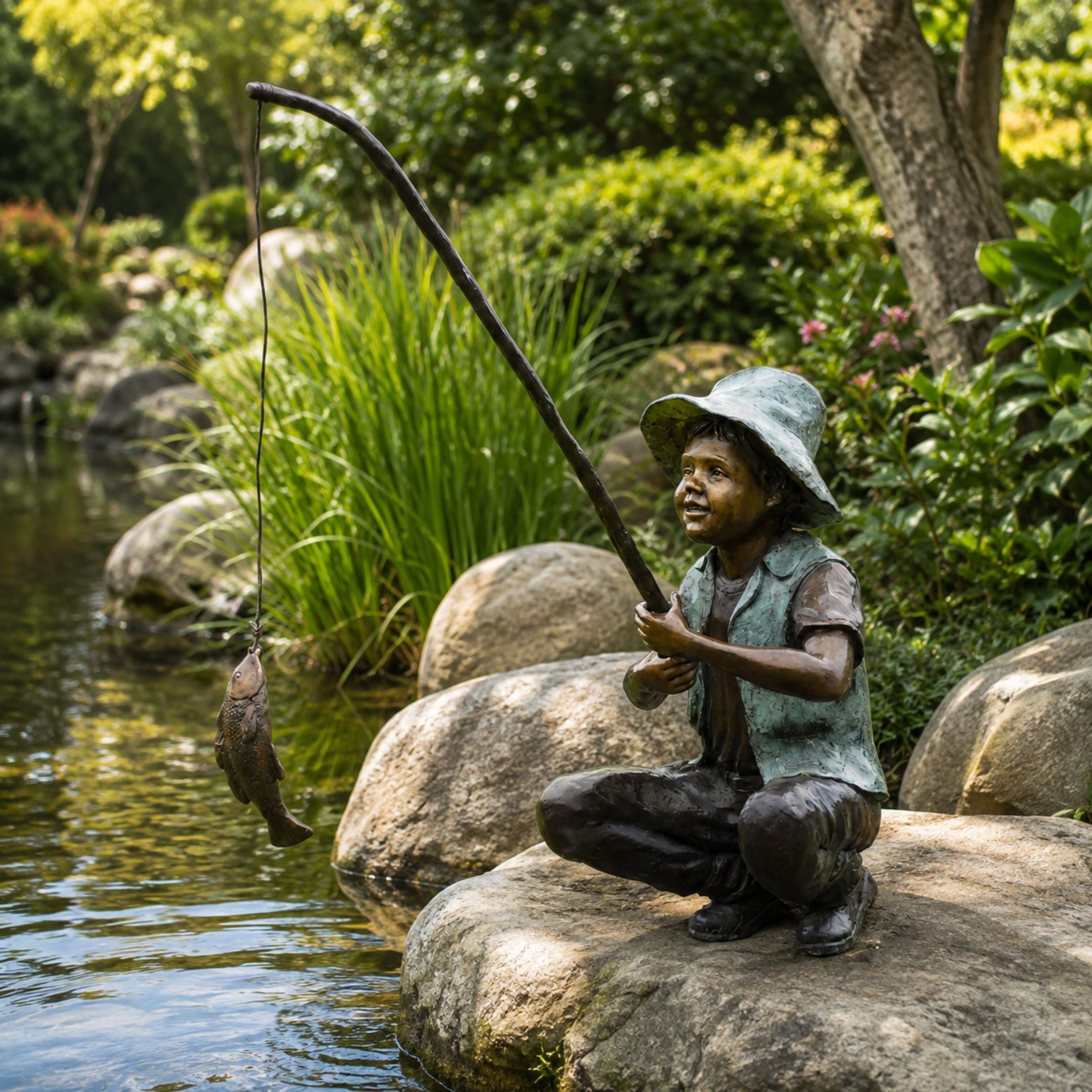Life-Size Traditional Boy Fishing Bronze Sculpture, 130cm, by Giant Sculptures, showing a crouched boy in a hat holding a fishing rod with a caught fish, set on rocks beside a garden pond.