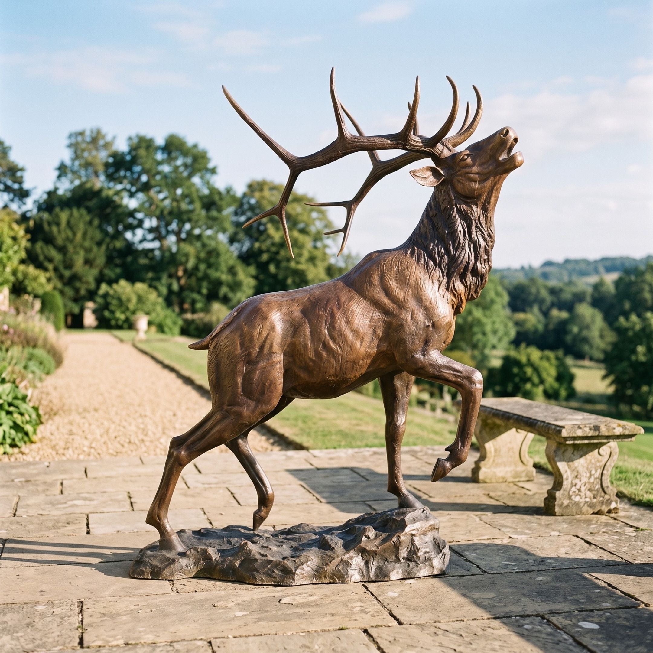 Life-Size Traditional Bugling Bull Elk Bronze Sculpture by Giant Sculptures shown mid-bugle with raised foreleg on a rocky base, displayed on a garden patio.