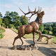 Life-Size Traditional Bugling Bull Elk Bronze Sculpture by Giant Sculptures shown mid-bugle with raised foreleg on a rocky base, displayed on a garden patio.