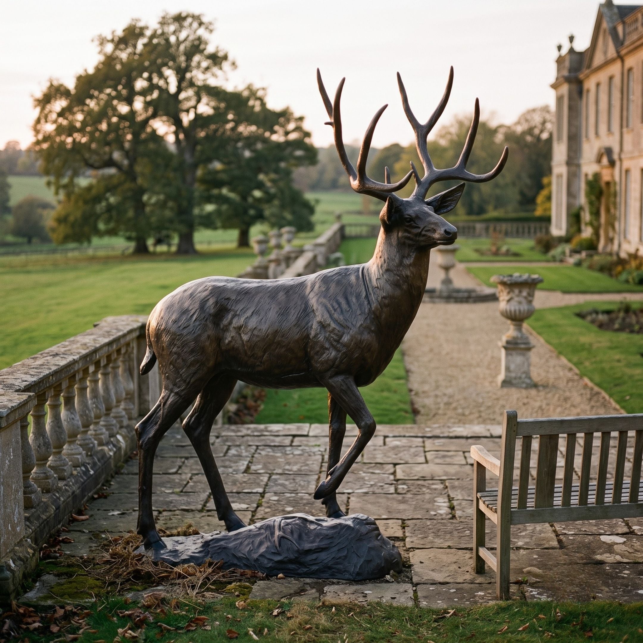 Life-Size Traditional Bull Elk Bronze Sculpture by Giant Sculptures with wide antlers and dark brown patina, displayed on a stone terrace beside a country estate.