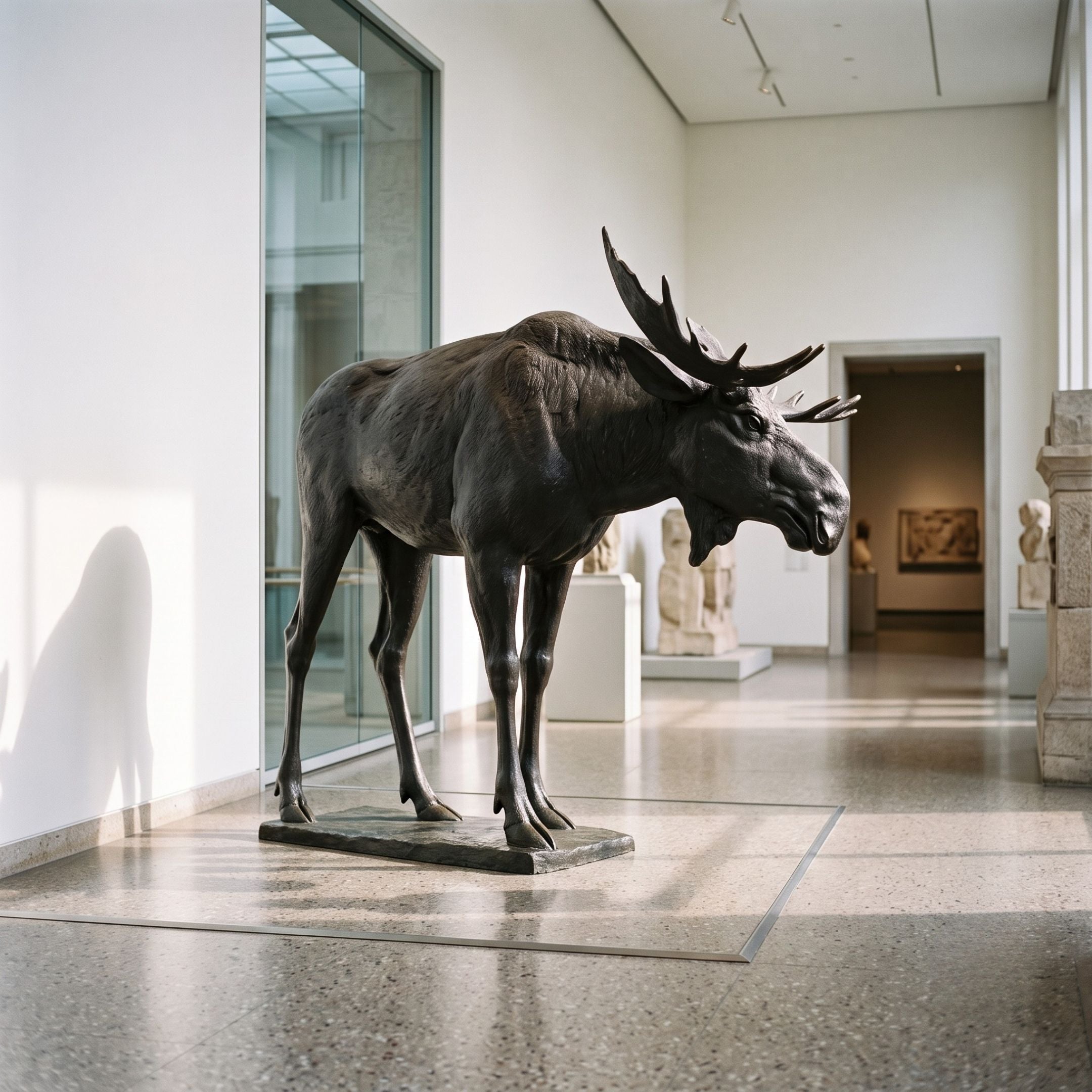 Life-Size Traditional Bull Moose Bronze Sculpture in matte black patina by Giant Sculptures, displayed in a bright museum gallery beside stone artifacts.