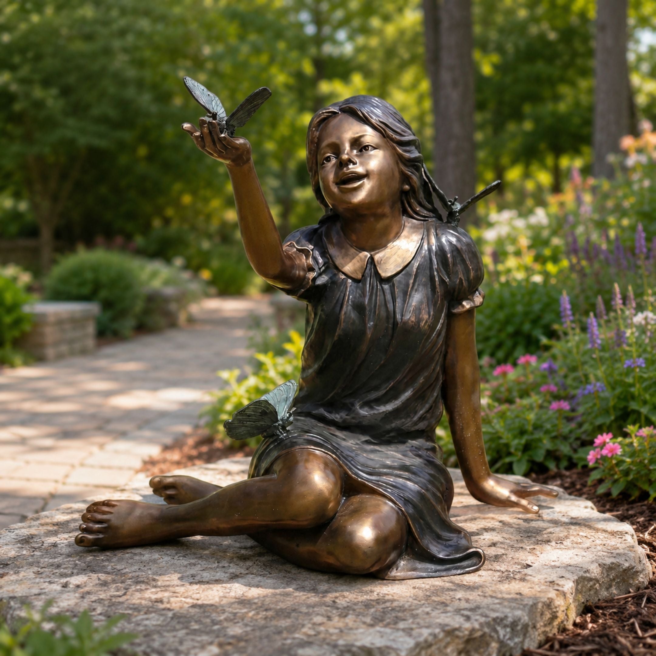 Life-Size Traditional Girl with Dragonflies Bronze Sculpture, 130cm, seated cross-legged on a stone base with a dragonfly on her raised hand, set in a garden path.