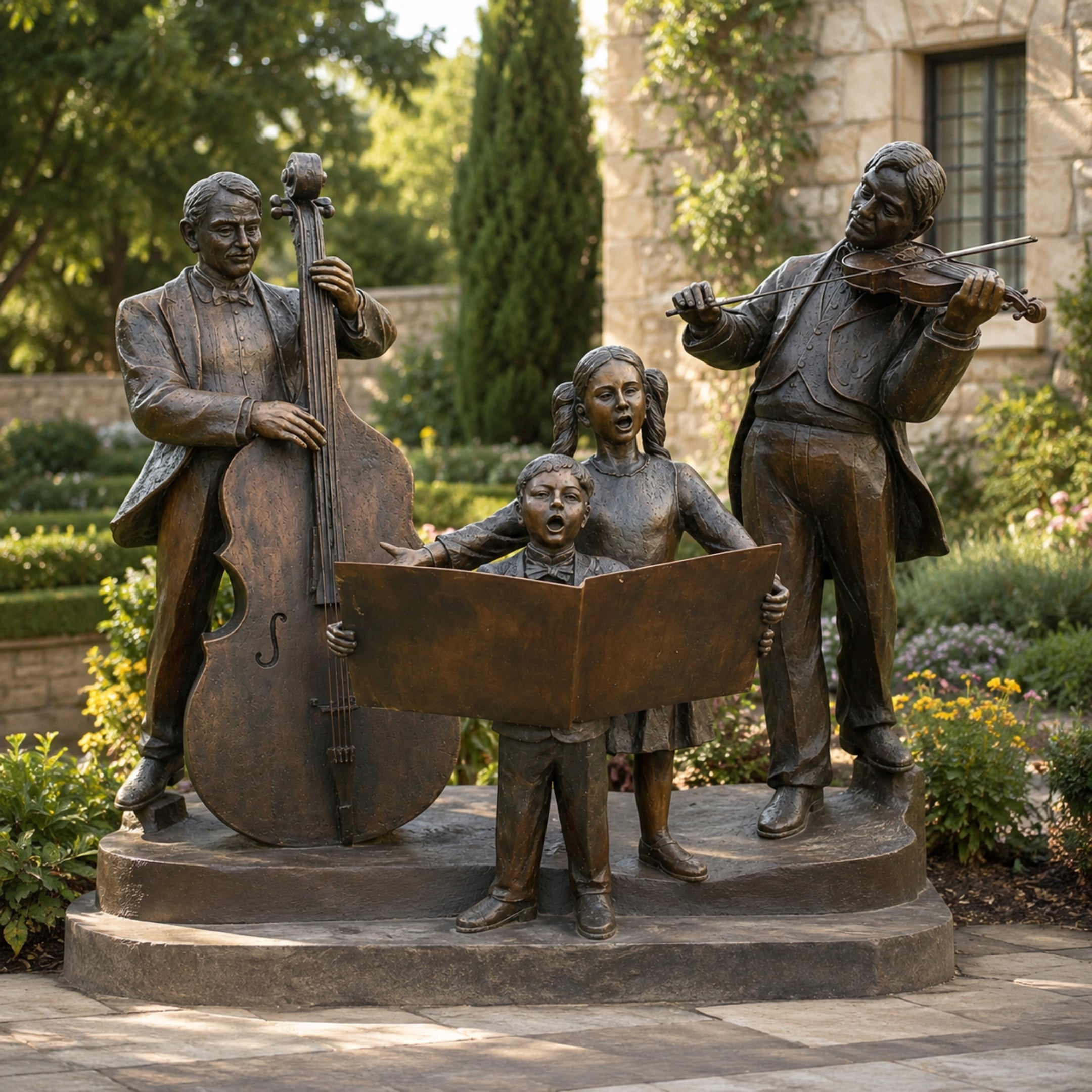 Life-Size Traditional Musician Ensemble Bronze Sculpture by Giant Sculptures in a garden, with bassist, violinist, and two singing children around sheet music.