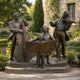 Life-Size Traditional Musician Ensemble Bronze Sculpture by Giant Sculptures in a garden, with bassist, violinist, and two singing children around sheet music.