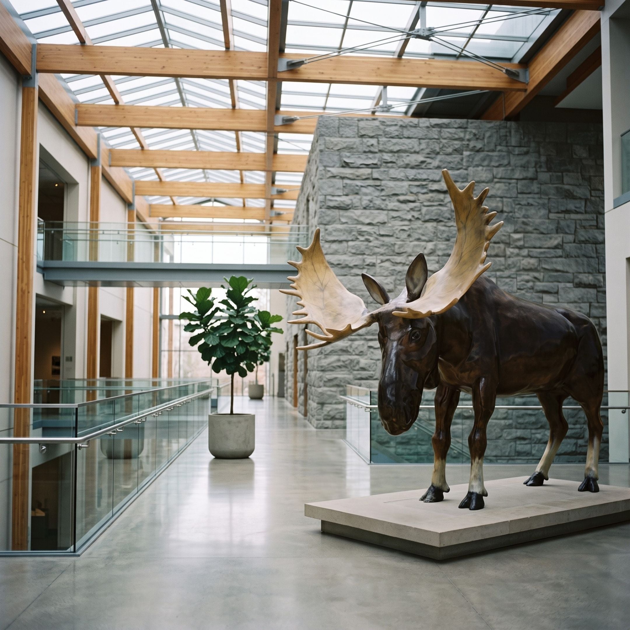 Life-Size Traditional Standing Bull Moose Bronze Sculpture by Giant Sculptures, dark brown with creamy gold antlers, displayed on a stone plinth in a skylit atrium.