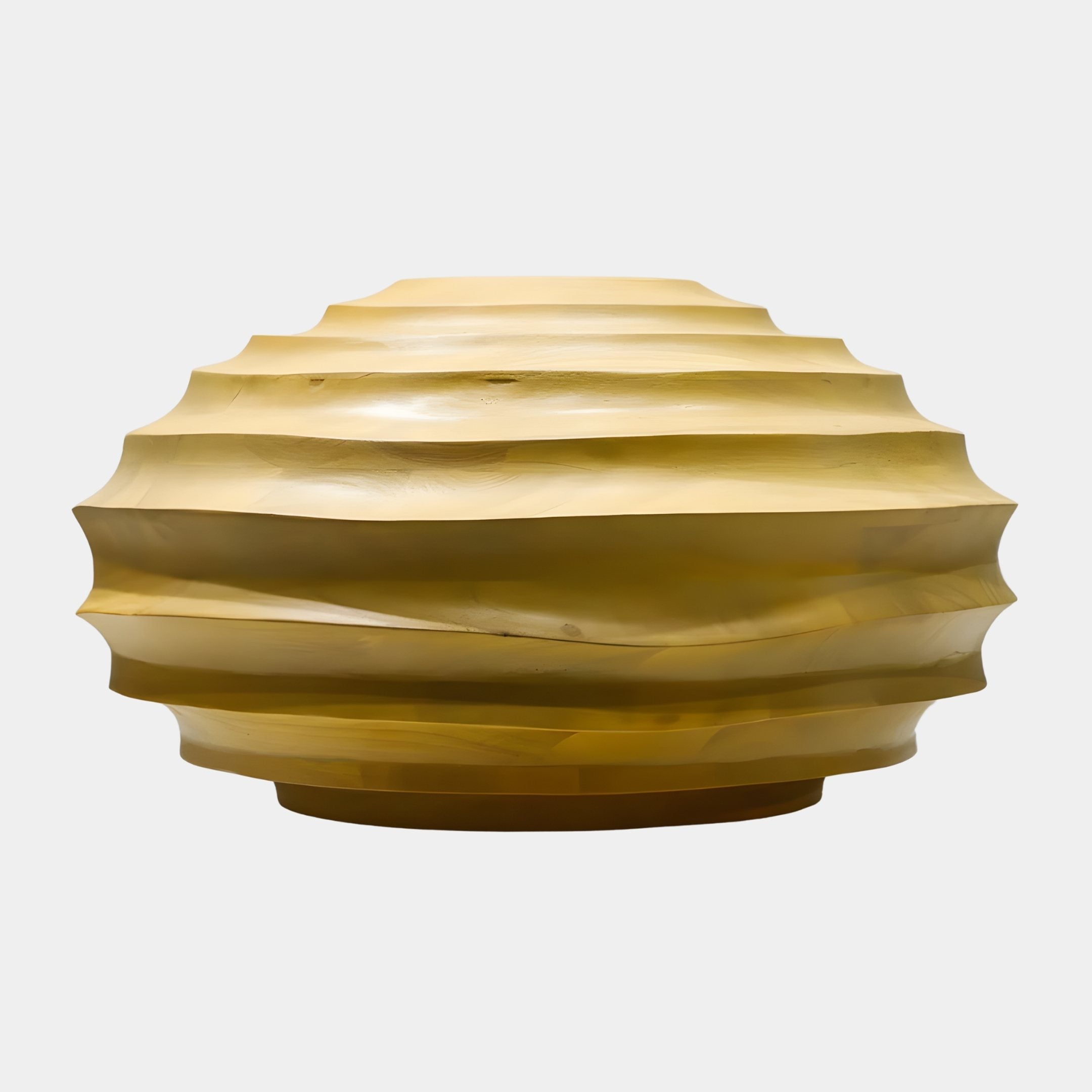 Wave Gold Abstract Wood Sculpture by Giant Sculptures, a hand-carved globe-form piece with horizontal wave ridges in warm honey-gold tones, shown on a plain white background.