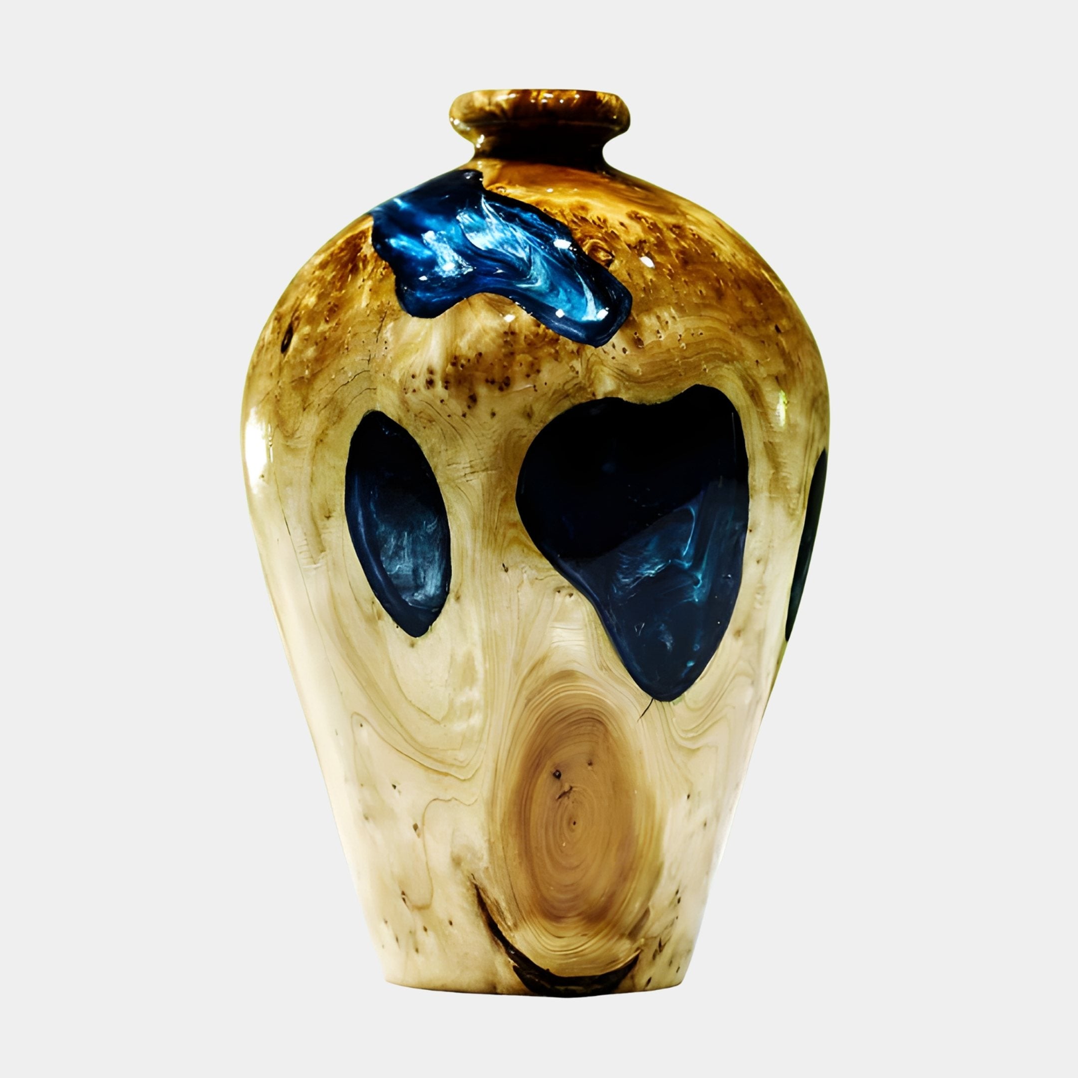 Giant Sculptures Meiping Blue Resin Wood Vase 36cm, hand-turned honey-cream burl wood with deep blue resin pools, slim lipped neck, on a plain background.