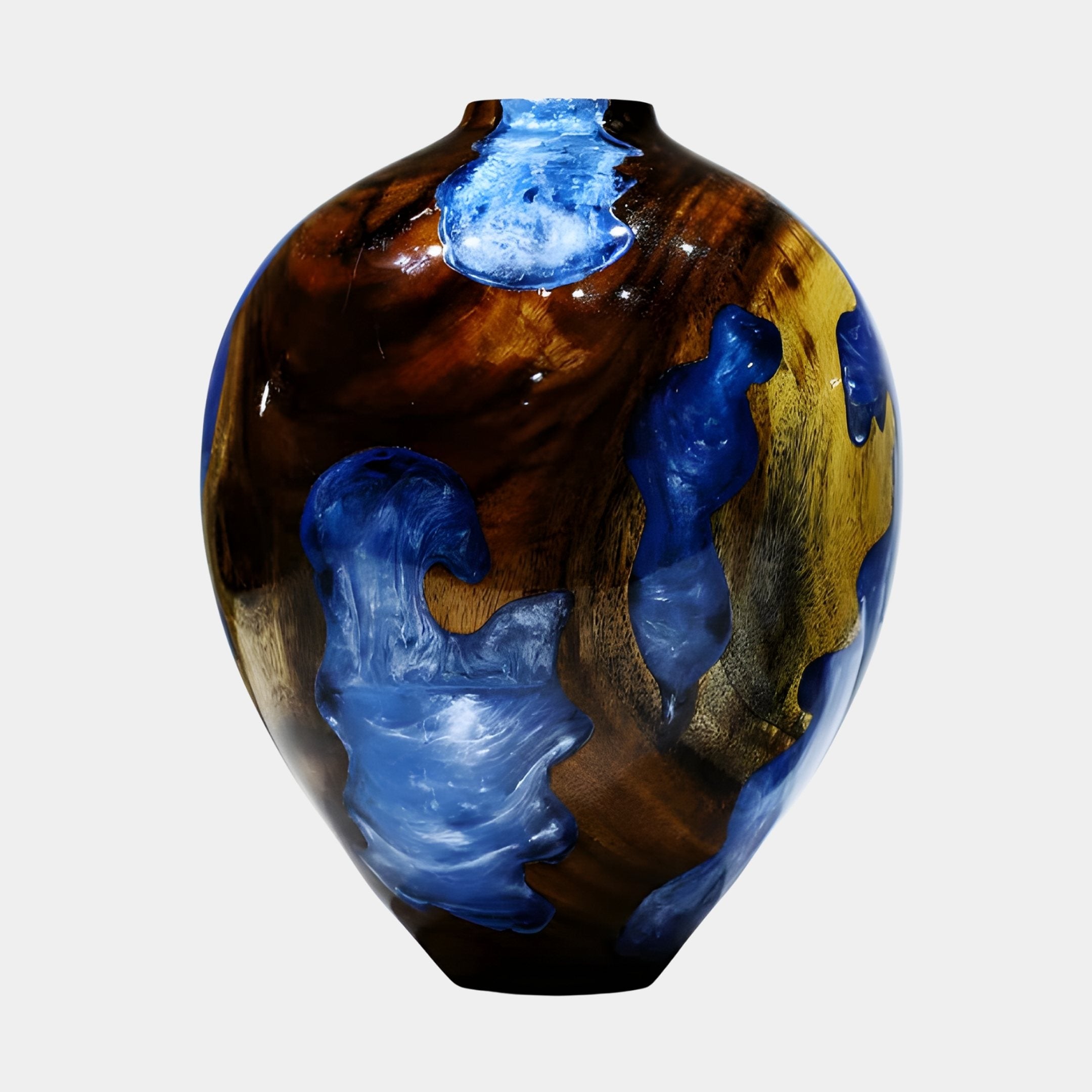 Giant Sculptures Oval Blue Resin Wood Vase 30cm in hand-turned walnut with royal-blue resin cloud patches and a small flared mouth, on a plain background.