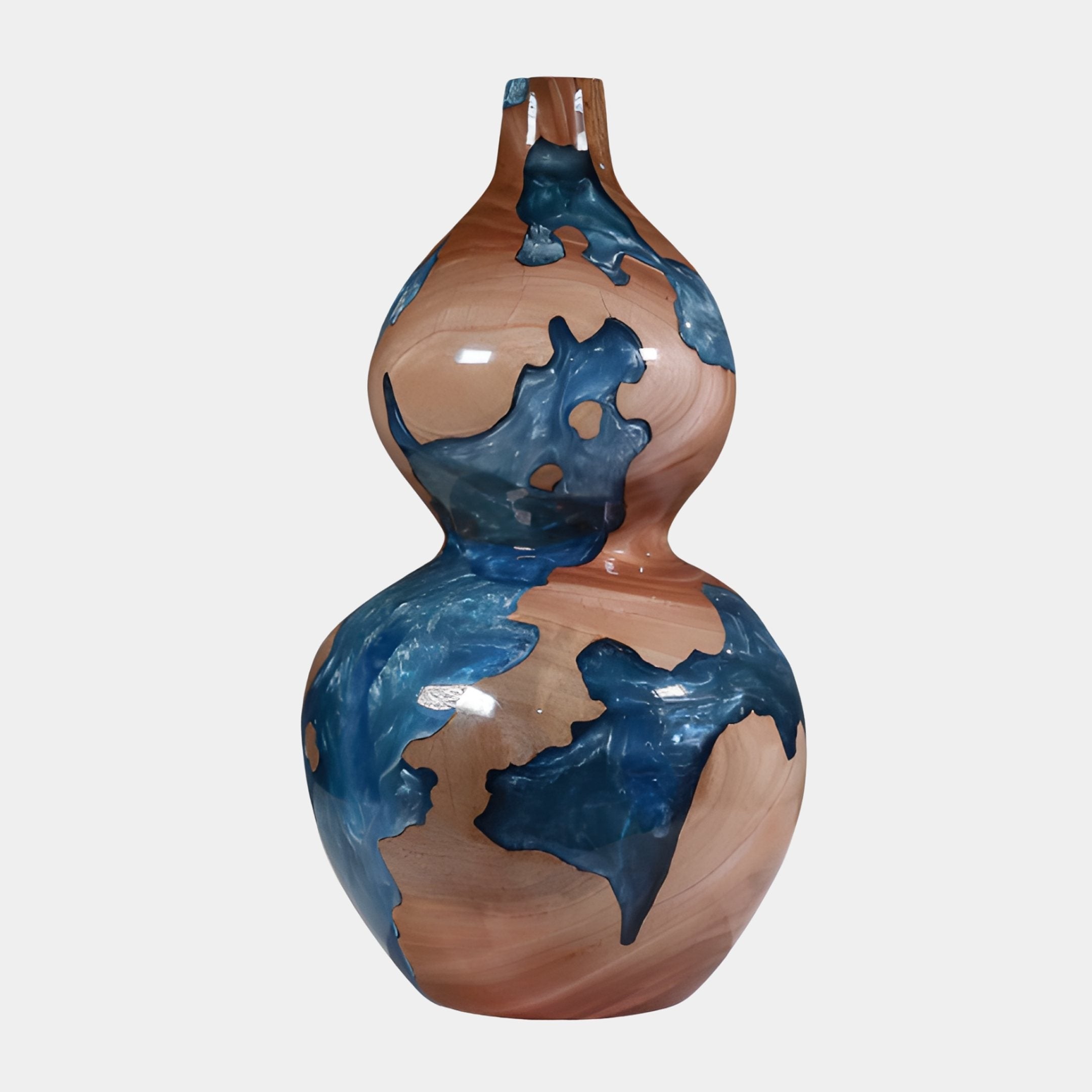 Gourd Blue Resin Wood Vase 70cm by Giant Sculptures, a hand-turned double-bulb wooden vase with deep blue resin islands across reddish-brown grain, on white.