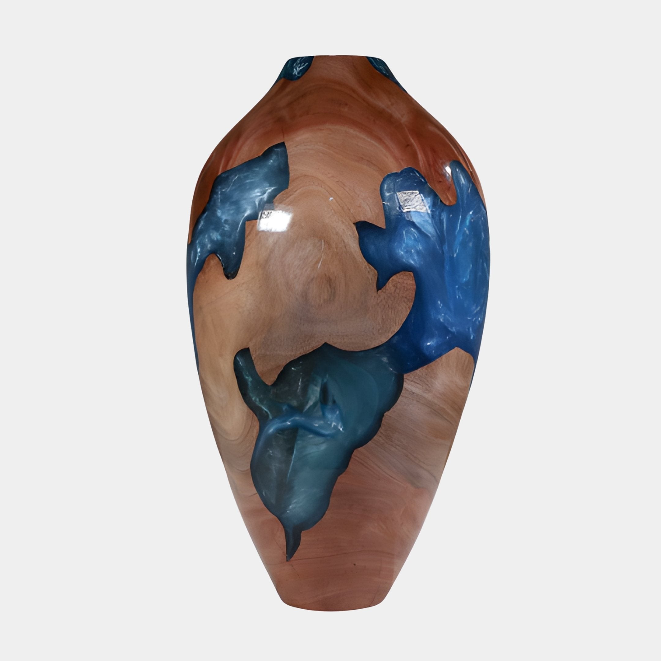 Torpedo Blue Resin Wood Vase 70cm by Giant Sculptures, tall reddish-brown hand-turned wood form with deep blue resin pools, high-gloss finish, plain background.