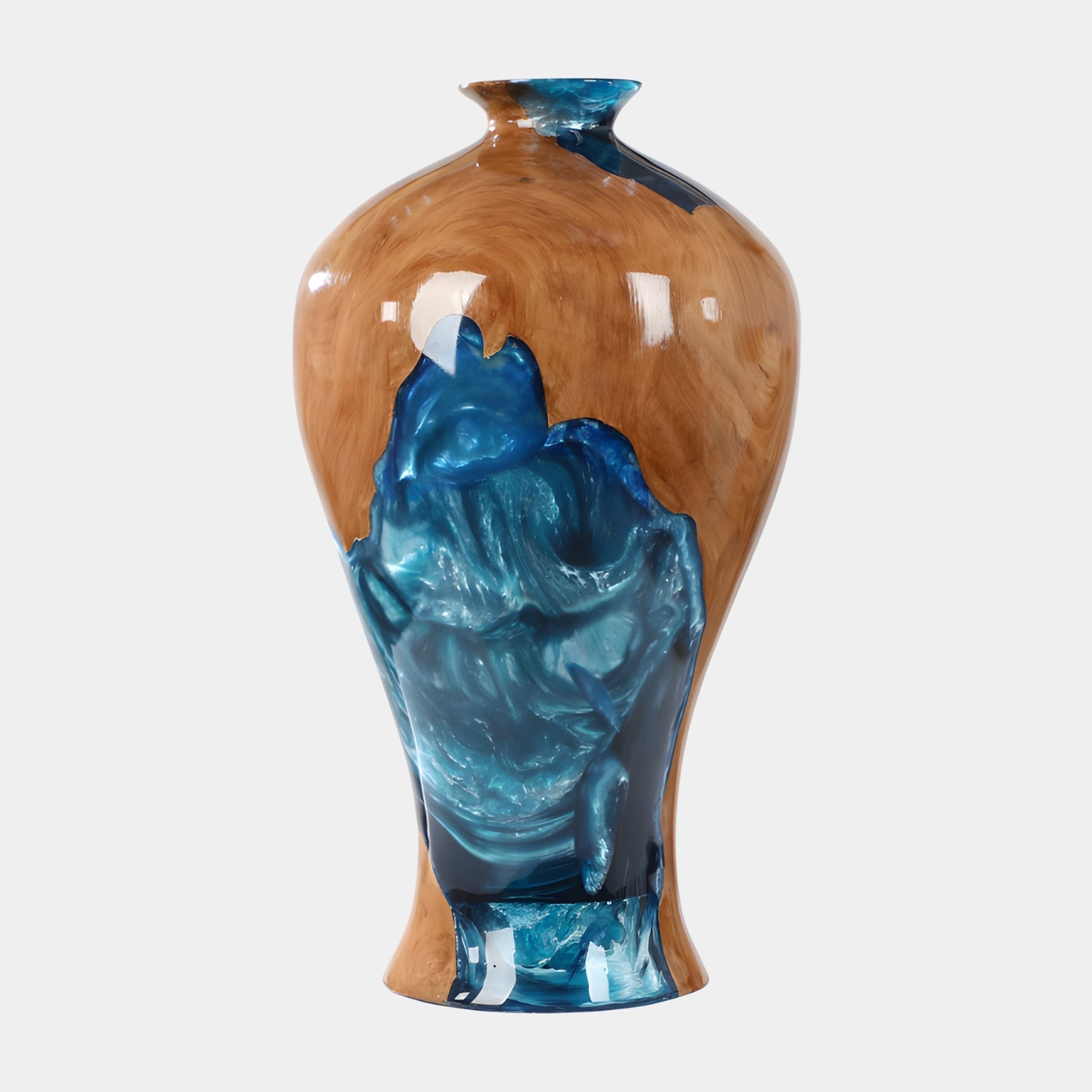 Classic Blue Resin Wood Vase 70cm by Giant Sculptures, a Meiping-silhouette piece in honey wood with a deep teal resin cascade down its body, on a white background.