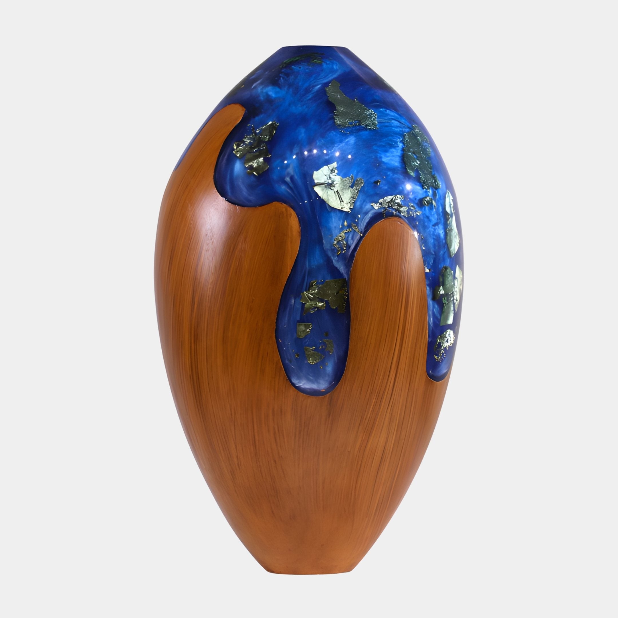 Pyrite Blue Resin Wood Vase 50cm by Giant Sculptures, a hand-turned reddish-brown wood egg form with cobalt resin and gold pyrite flakes cascading down one side.