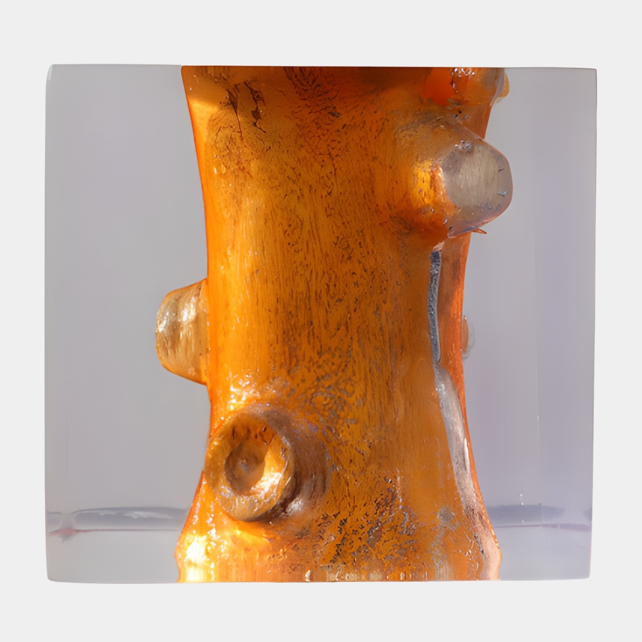 Knot Ember Amber Resin Wood Sculpture 20cm by Giant Sculptures, close-up of the glowing amber tree knot with silver veining suspended in clear resin.