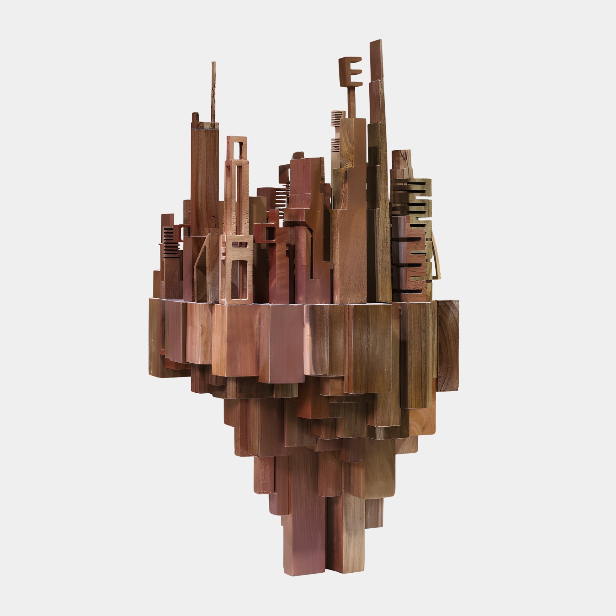 Skyline City Abstract Wood Sculpture 75cm by Giant Sculptures, hand-built inverted cityscape in warm reddish-brown to copper wood tones, shown against a white background.
