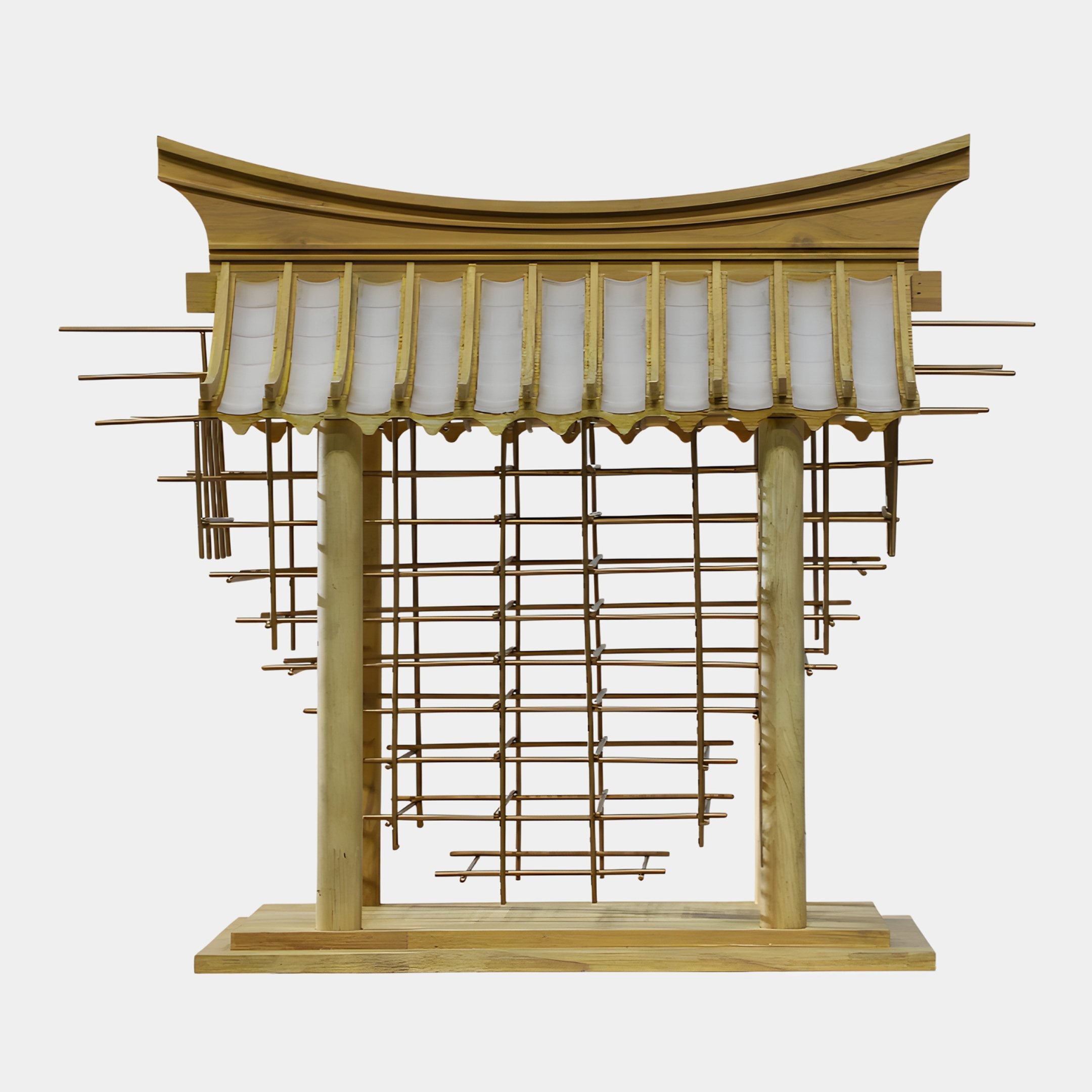 Giant Sculptures Torii Gate Abstract Wood Sculpture 45cm in pale wood with curved gold-tiled roof and golden lattice rods between columns, shown on a plain background.