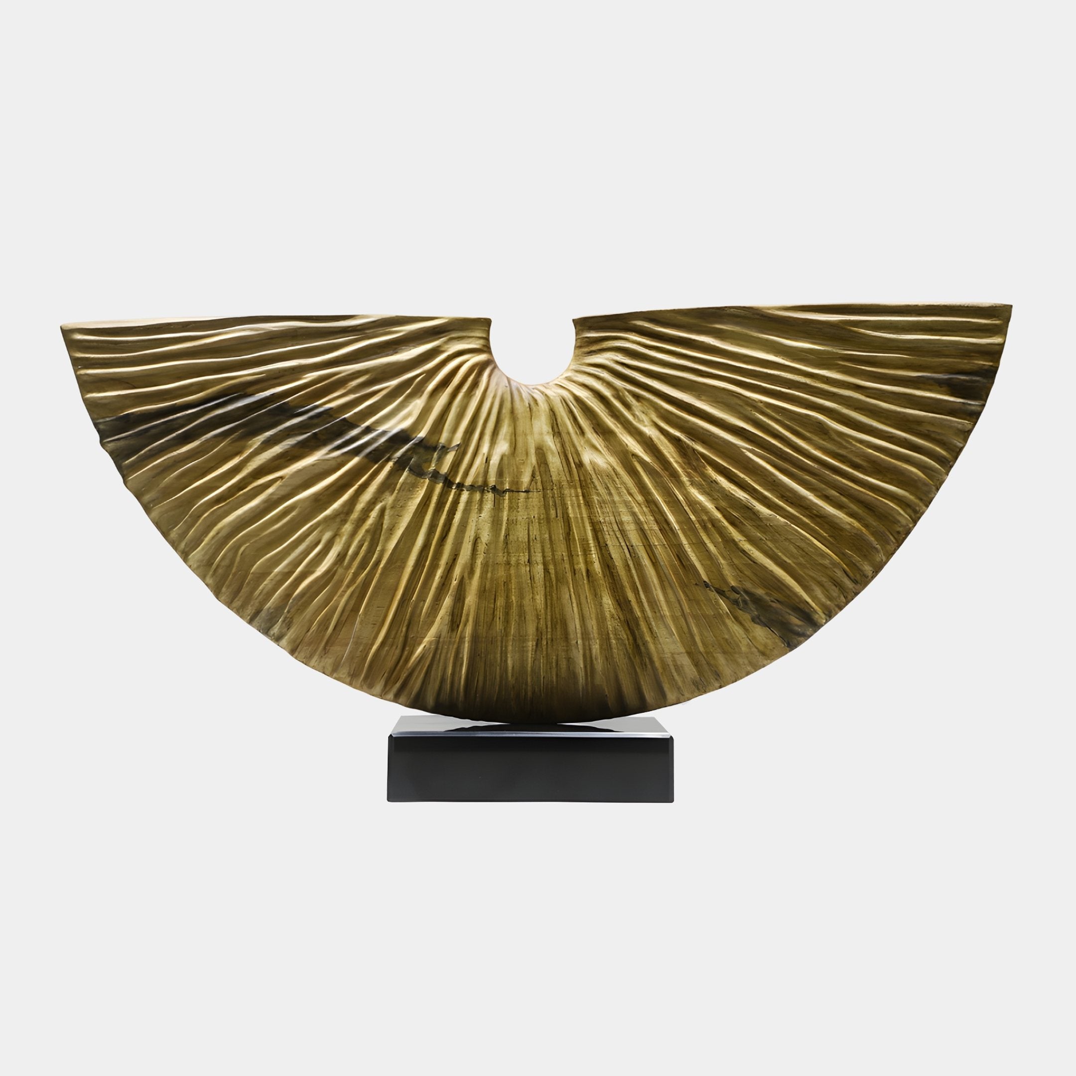 Crescent Soleil Gold Abstract Wood Sculpture by Giant Sculptures, a hand-carved half-circle sunburst in warm gold tones on a black plinth, shown against a plain background.