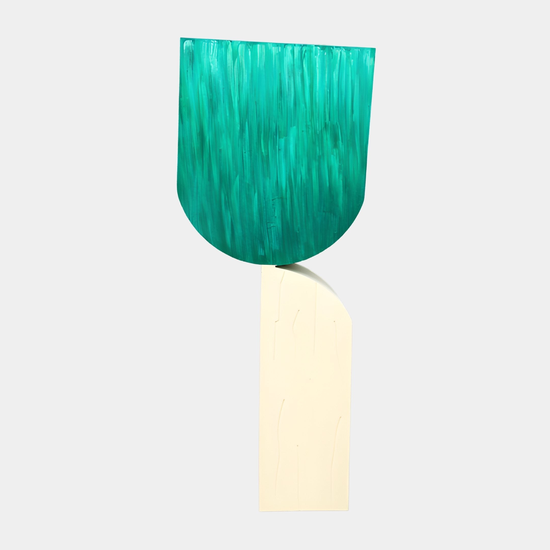 Arch Duo Teal Ivory Abstract Wood Sculpture by Giant Sculptures, 156cm, with a brush-textured teal arch stacked on a pencil-marked ivory block, on white.