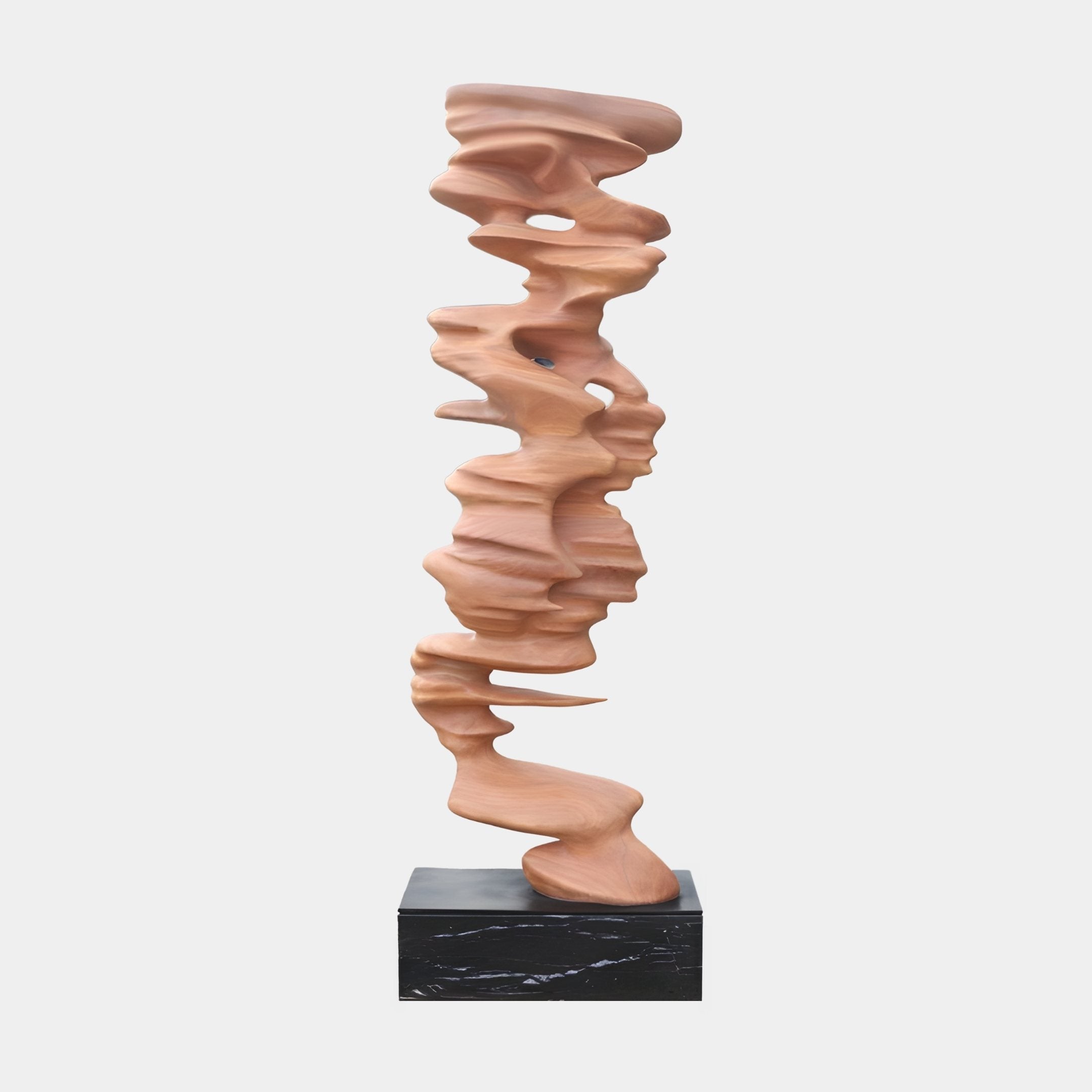 Tempest Drift Terracotta Abstract Wood Sculpture by Giant Sculptures, a 200cm vertical column of rippling carved ribbons on a black marble plinth.