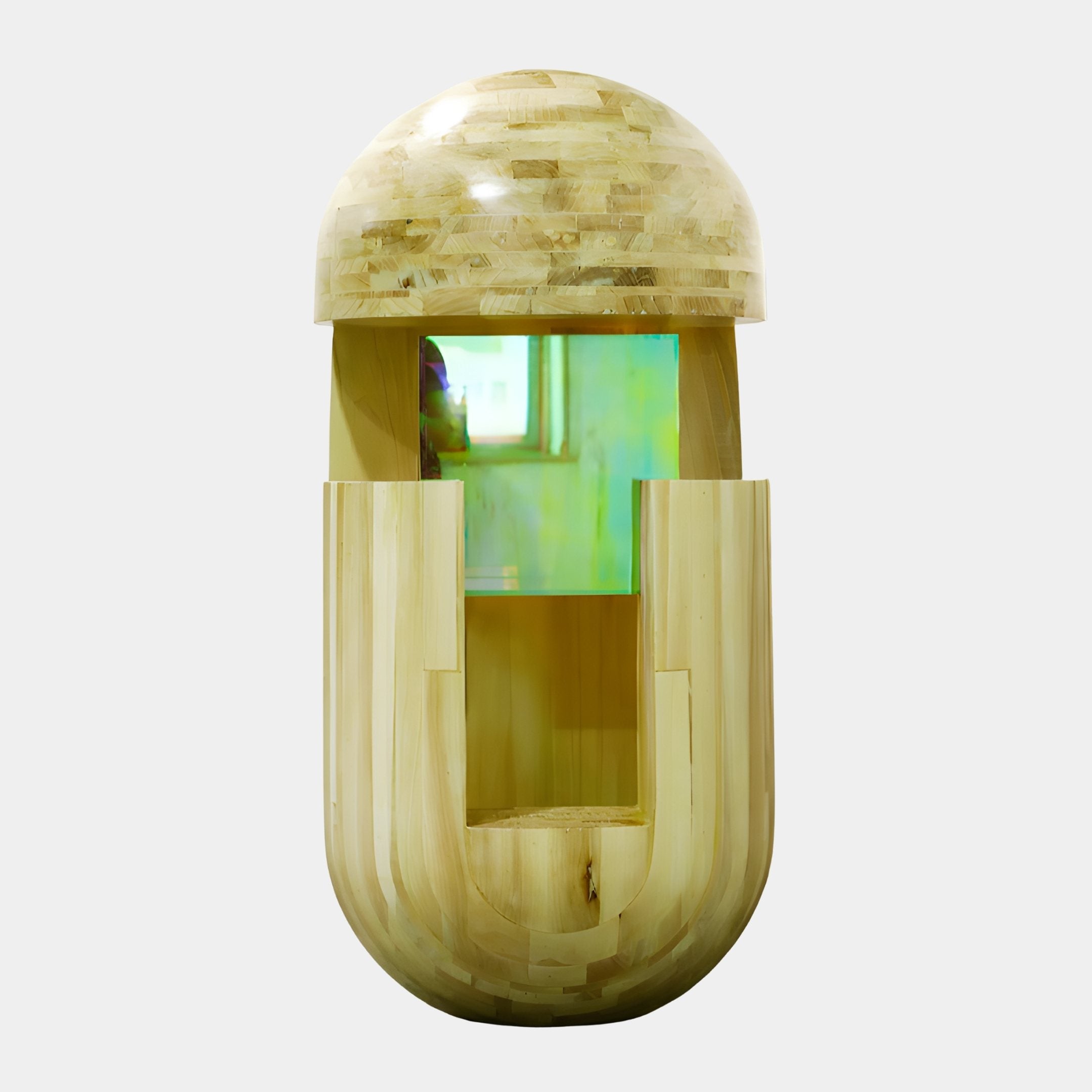Capsule Portal Iridescent Wood Sculpture by Giant Sculptures at 160cm, a pale wood totem with a rectangular window revealing a green and turquoise iridescent panel.
