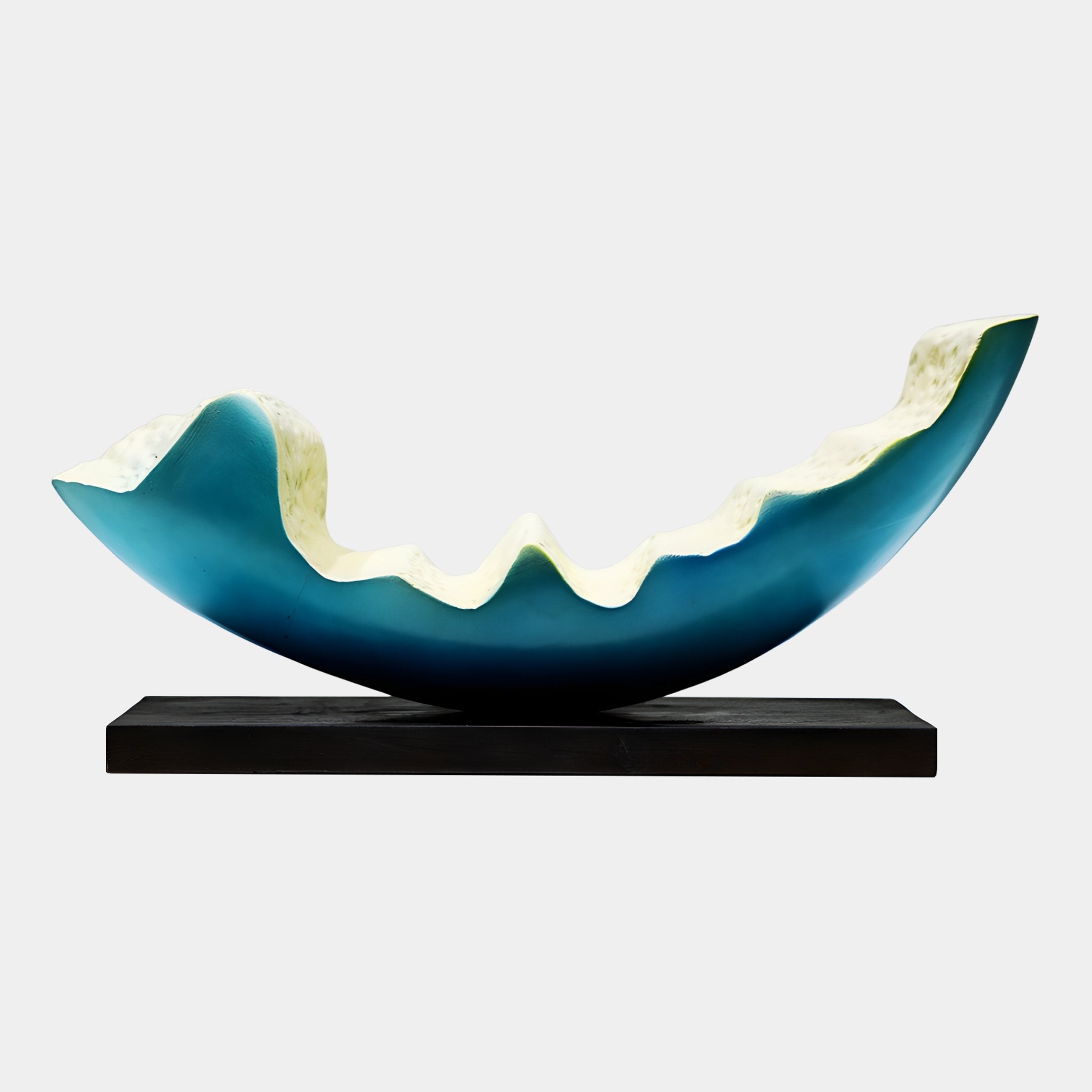 Ocean Petal Teal Abstract Wooden Bowl by Giant Sculptures, 51cm, with a teal exterior and cream wave-cut inner rim on a dark wood base, plain white background.