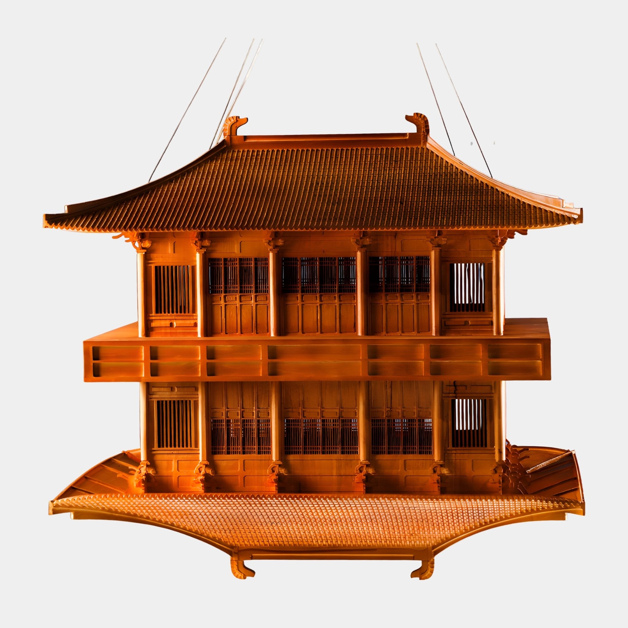 Pagoda Temple Amber Abstract Wood Sculpture 100cm by Giant Sculptures, a two-storey hand-carved wooden pagoda in warm amber tones suspended by fine wires.