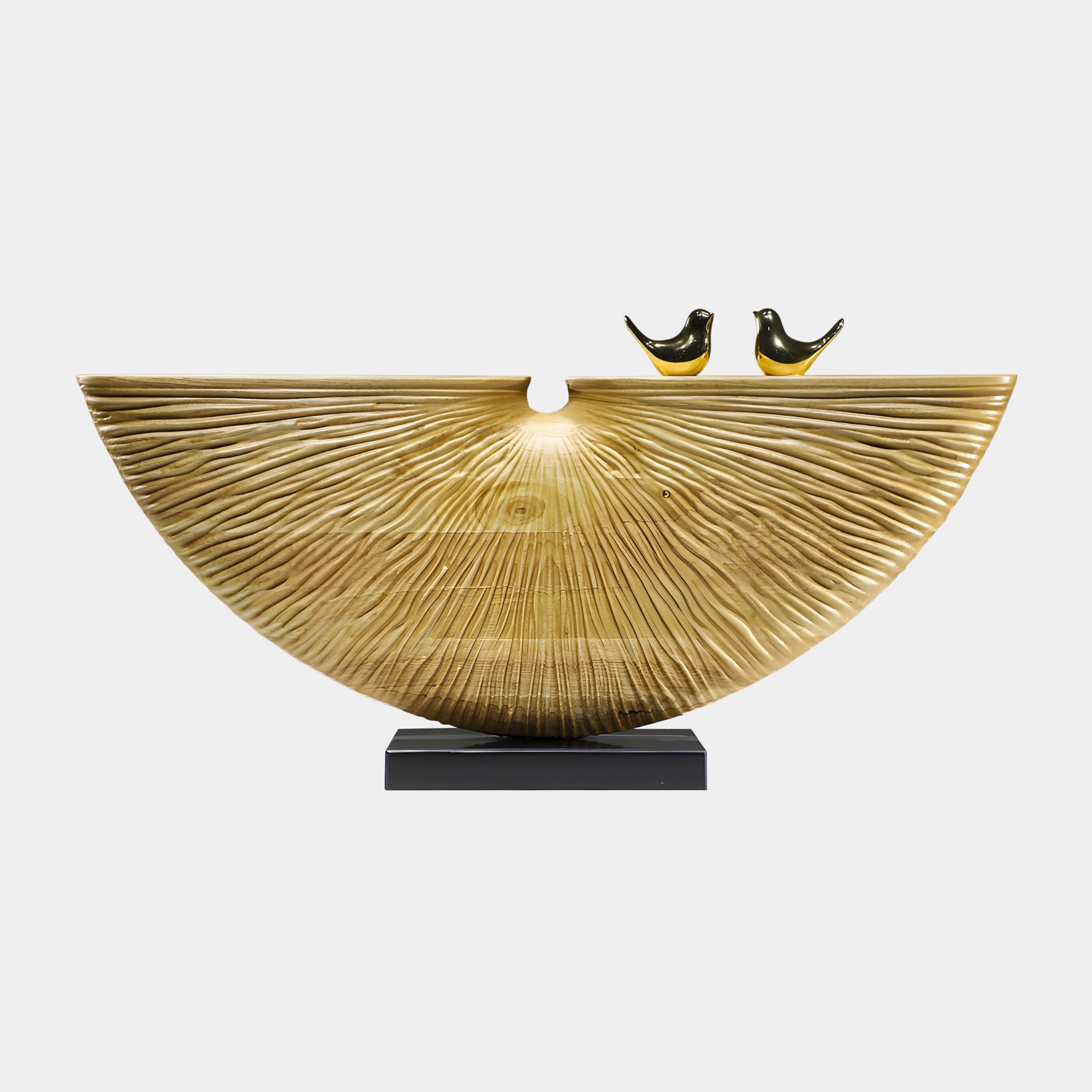 Crescent Soleil Natural Lovebird Abstract Wood Sculpture by Giant Sculptures, 90cm fan-form carved pale wood with two polished gold birds on a black plinth.