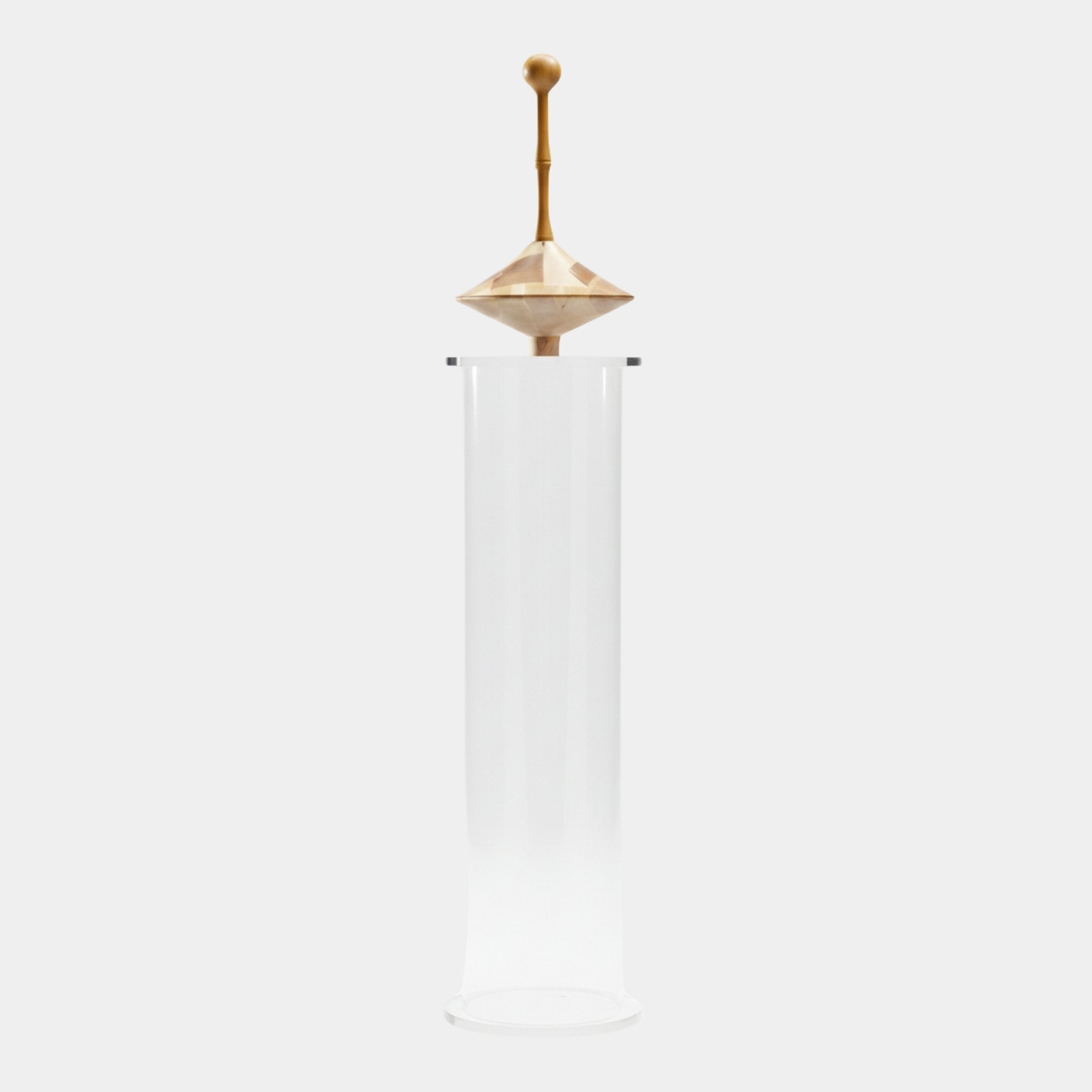 Giant Sculptures Spinning Top Clear Abstract Wood Acrylic Sculpture 145cm with honey-gold wood top on a tall clear acrylic column against a white background.