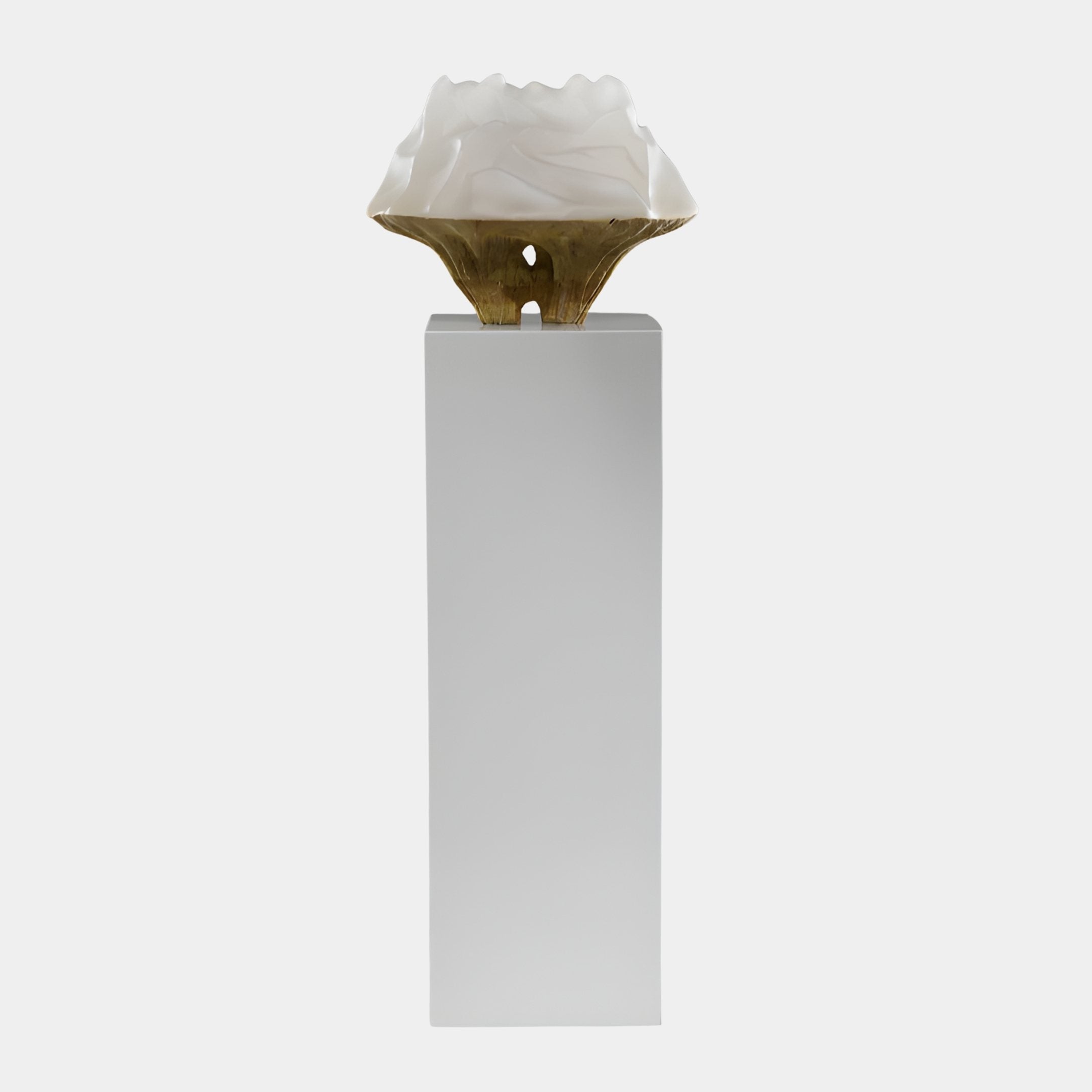 Coral Crown White Abstract Wood Resin Sculpture 120cm by Giant Sculptures, frosted-white scalloped bloom on a gold carved wood base atop a tall white plinth.