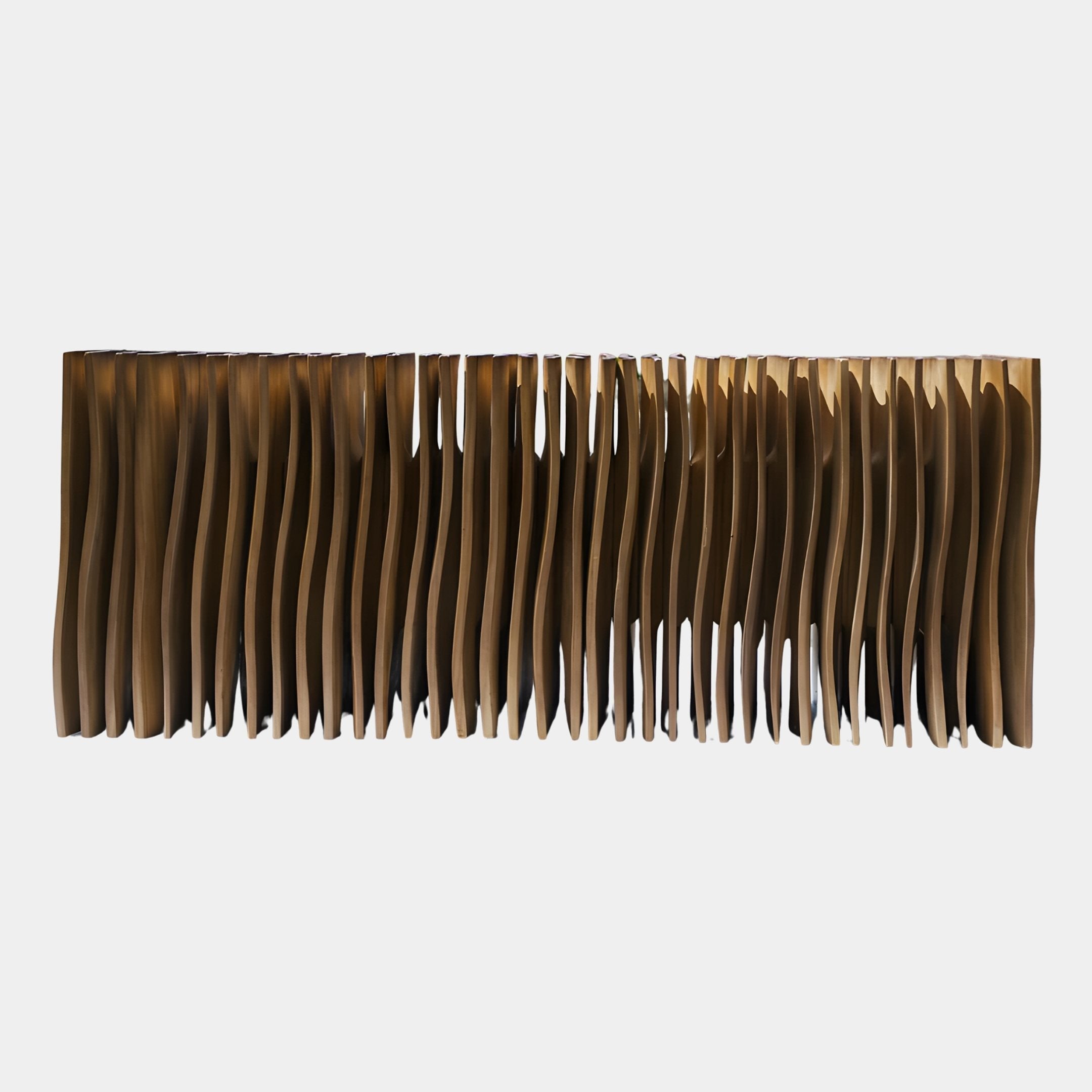 Reed Walnut Abstract Wood Sculpture 100cm by Giant Sculptures, a horizontal row of tall thin walnut reeds with undulating tips, satin brown finish, plain background.