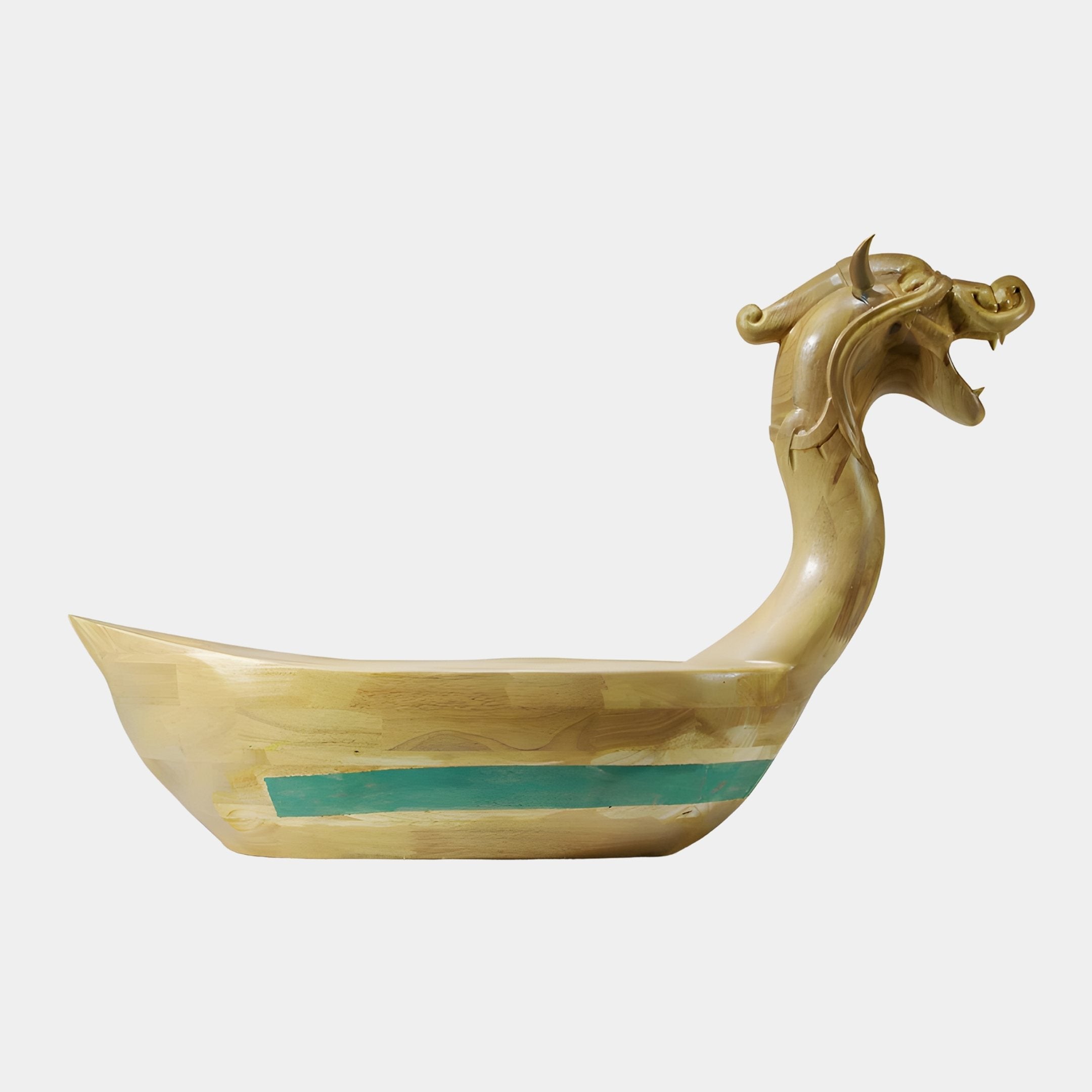 Dragon Boat Natural Teal Abstract Wood Sculpture by Giant Sculptures, 90cm pale carved hull with dragon-head stern and teal side stripe, side view.