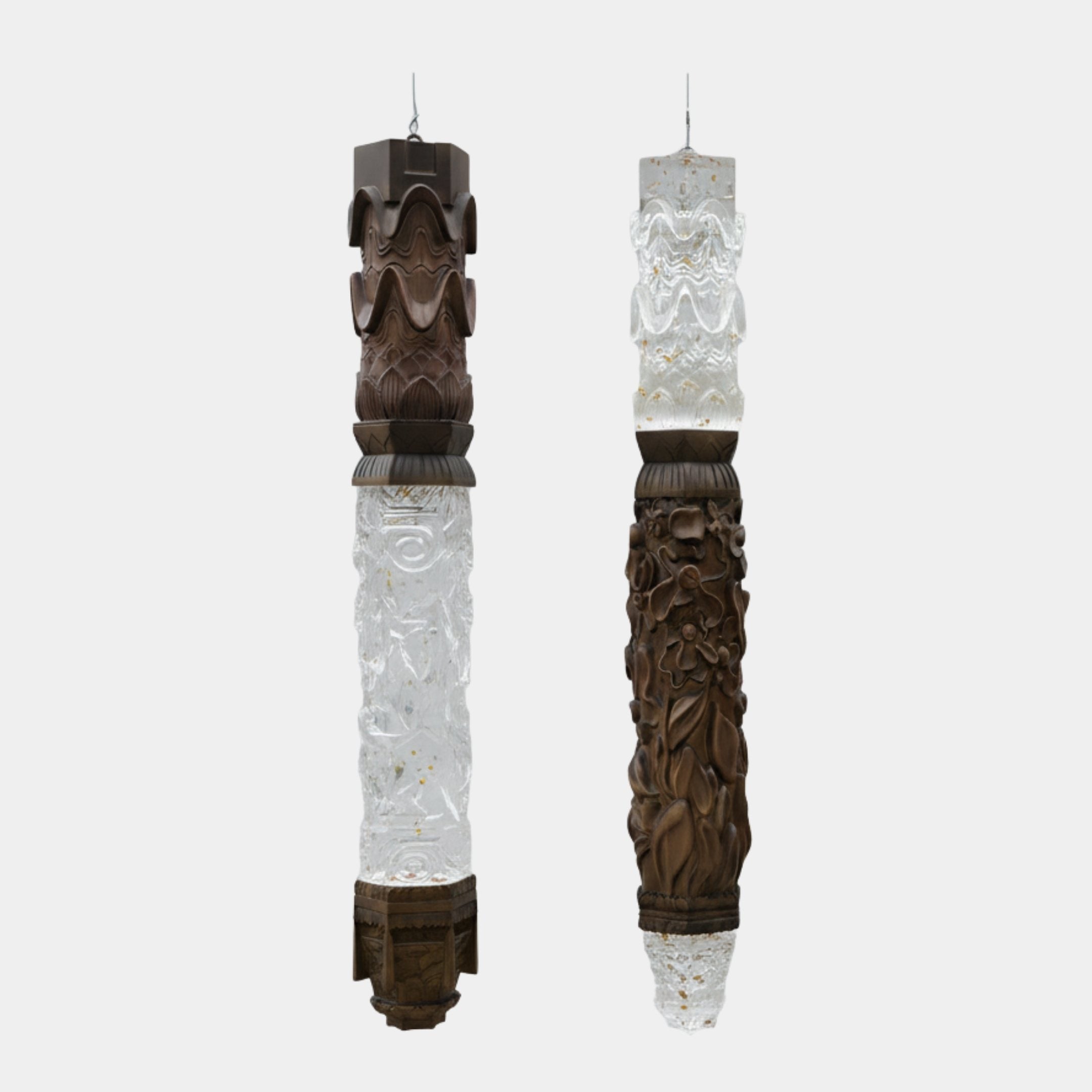 Celestial Column Carved Wood Glass Hanging Sculpture Set by Giant Sculptures, 150cm paired columns in mirrored walnut and gold-flecked glass on a plain background.