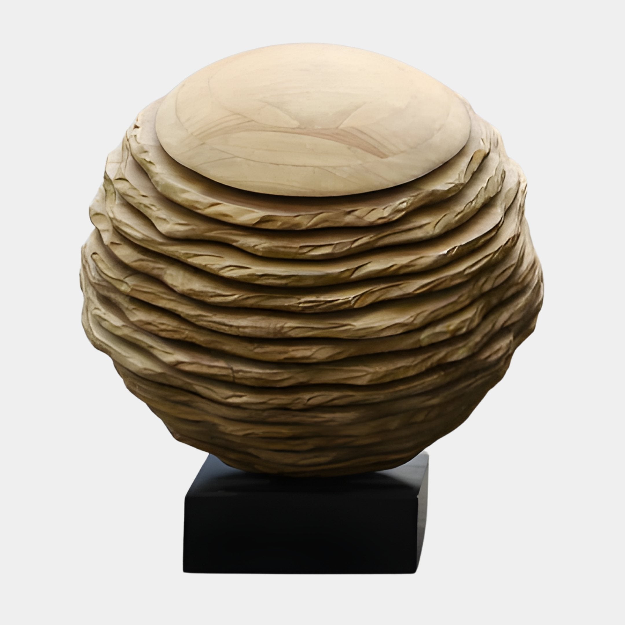 Sediment Globe Natural Abstract Wood Sculpture by Giant Sculptures, hand-carved honey wood dome above stacked sediment-like layers on a black plinth.