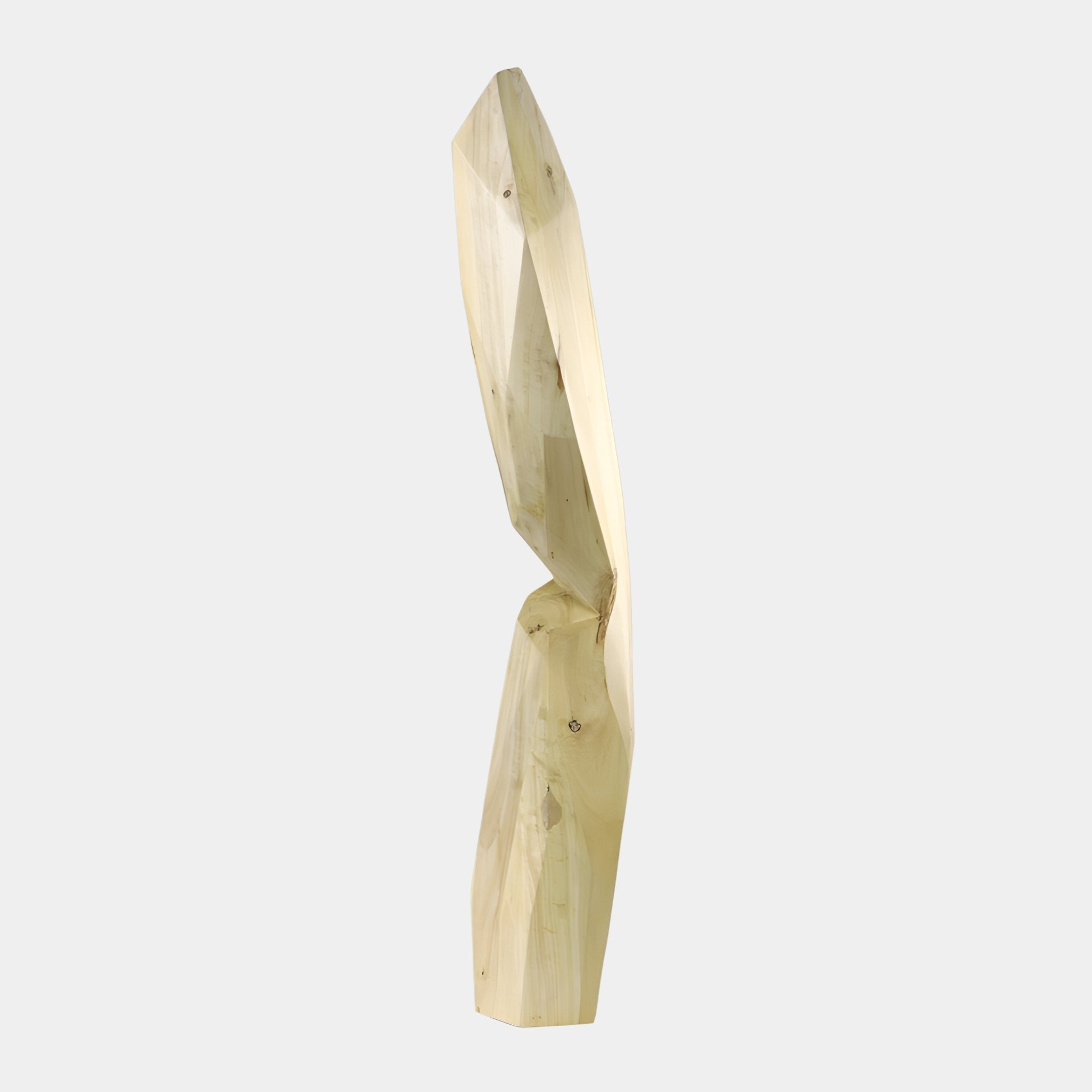Natural Wood Faceted Totem Sculpture 160cm by Giant Sculptures, tall stacked angular pale wood blocks forming a zigzag vertical totem on a plain white background.