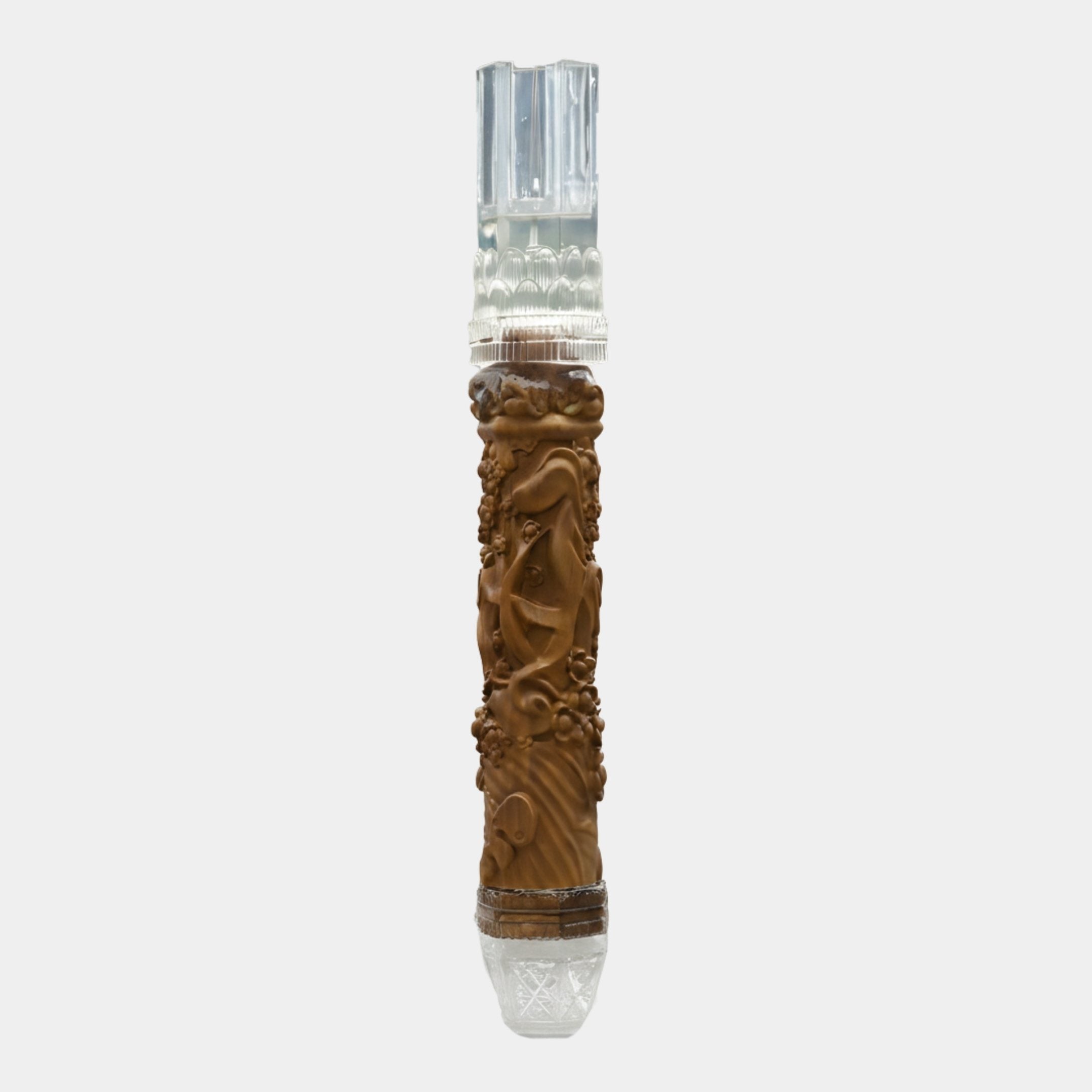 Hanging Carved Wood & Clear Resin Figurative Column 120cm by Giant Sculptures, walnut midsection with dragons and blossoms between clear resin caps.