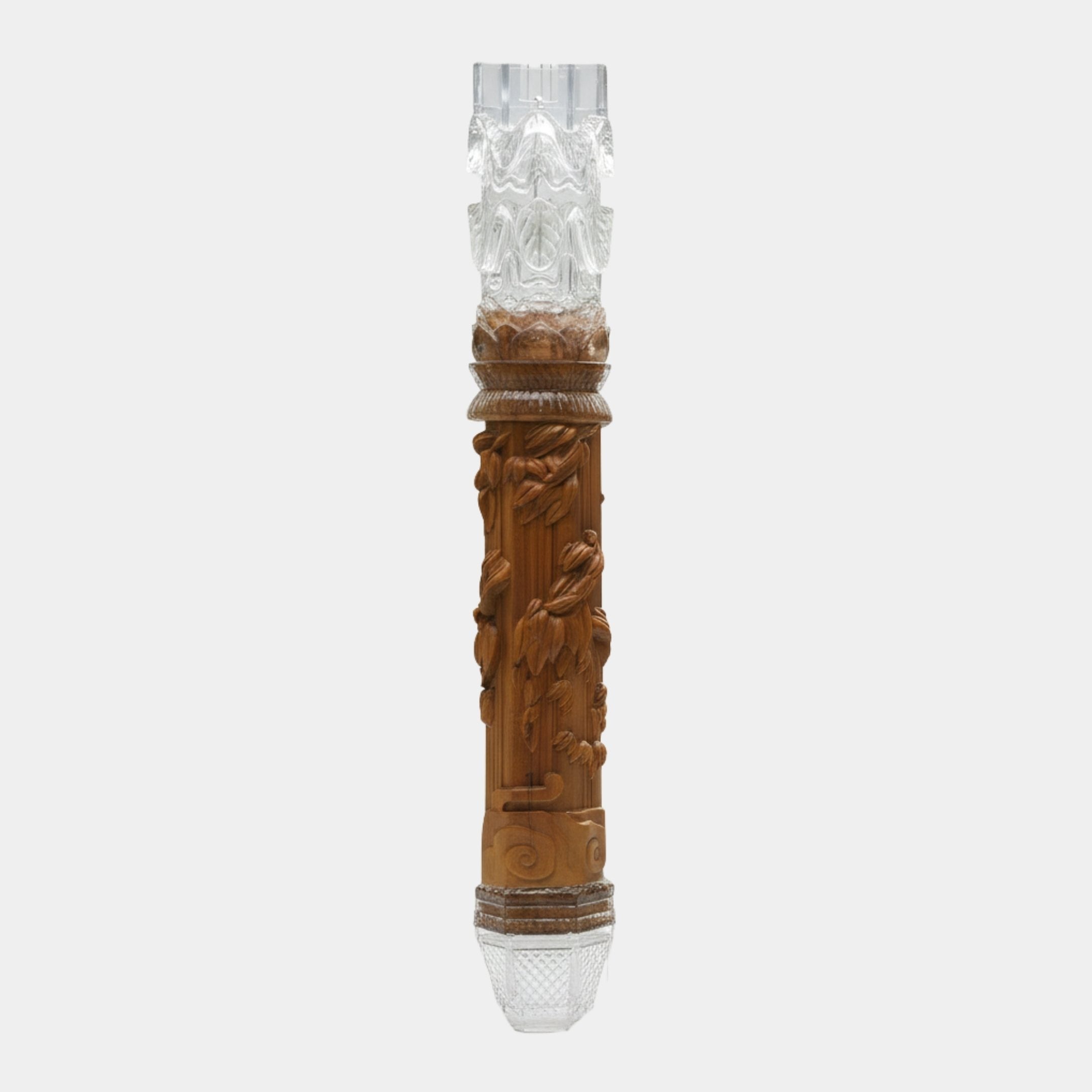 Hanging Carved Wood & Clear Resin Foliage Column 120cm by Giant Sculptures, with carved brown hardwood midsection of cascading leaves between clear resin capital and faceted base, on a plain background.