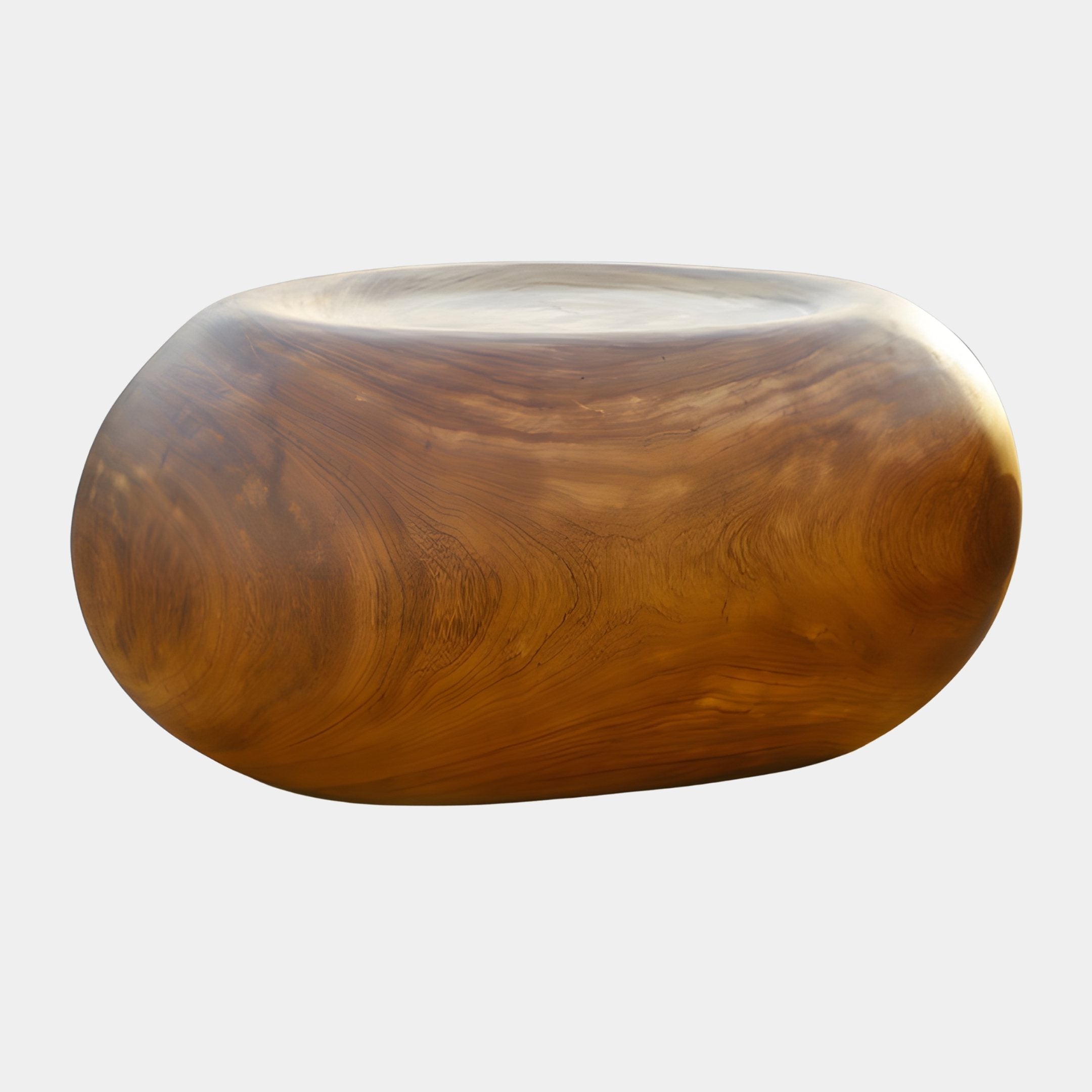 Pebble Form Solid Wood Coffee Table 76cm by Giant Sculptures, a low rounded honey-caramel hand-carved piece with sweeping grain and a softly hollowed top, on white.