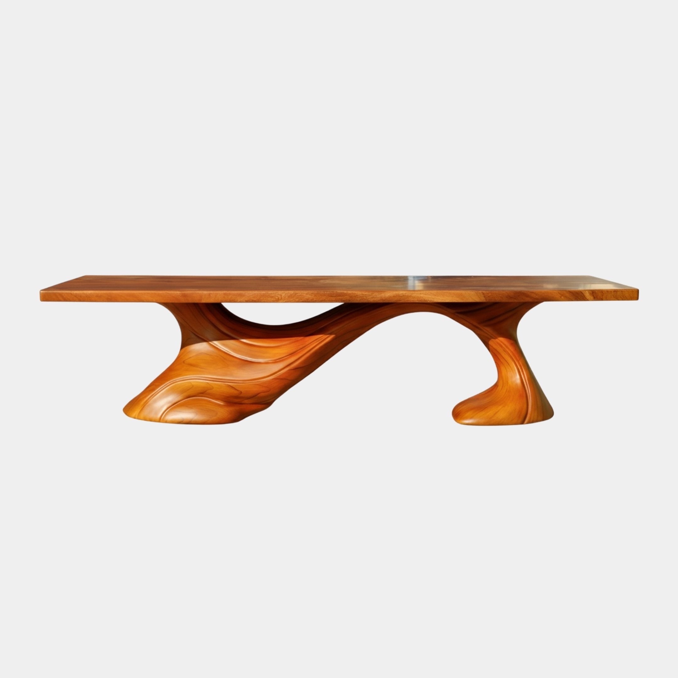 Giant Sculptures Sculptural Solid Wood Wave Base Dining Table 300cm in reddish-honey high-gloss hardwood with a flowing carved wave base, shown side-on against white.