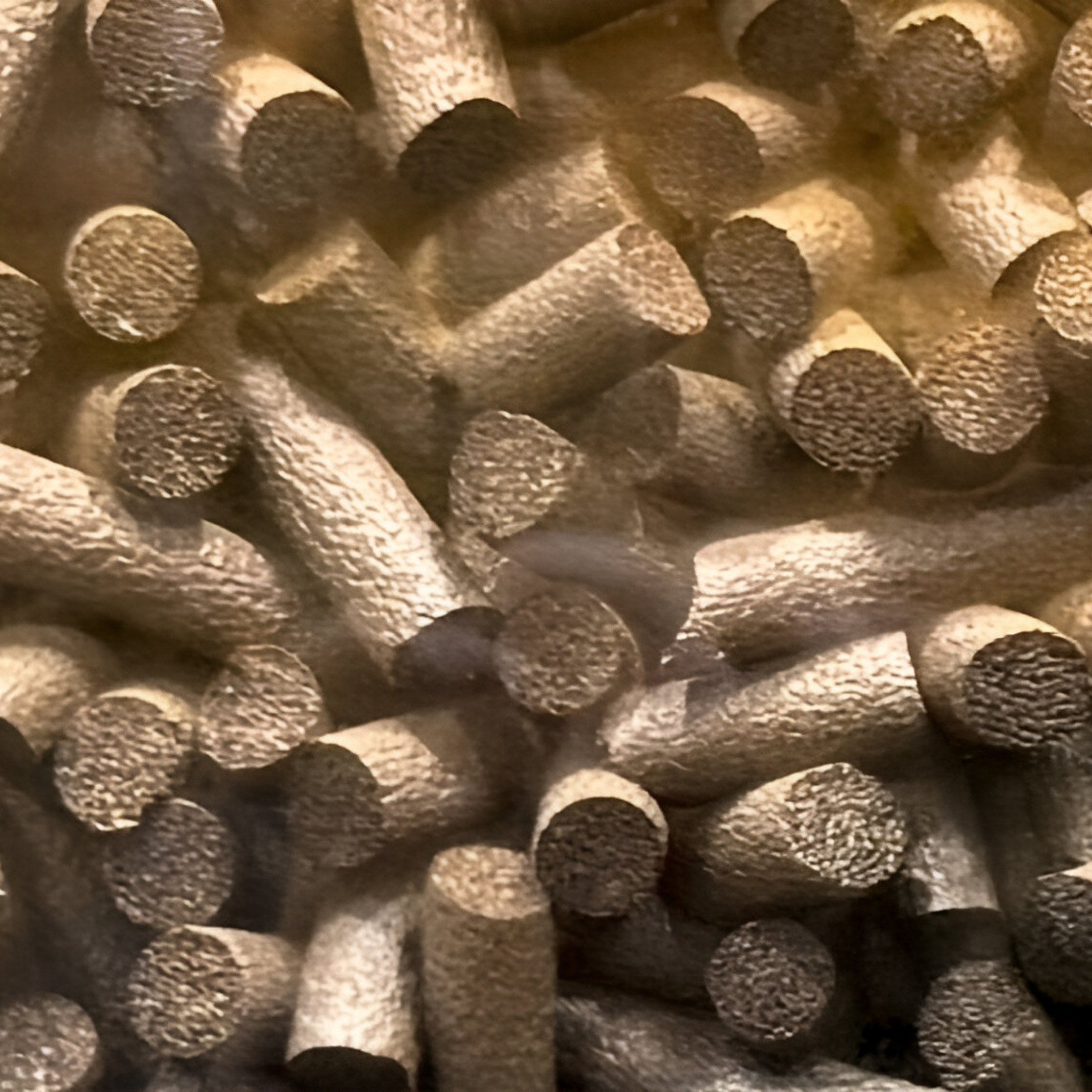 Close-up of Brivora Golden Bronze Gradient Textured 3D Wall Art by Giant Sculptures—cylindrical forms with rough ends, arranged tightly together—perfect as striking, textured wall decor for any space.