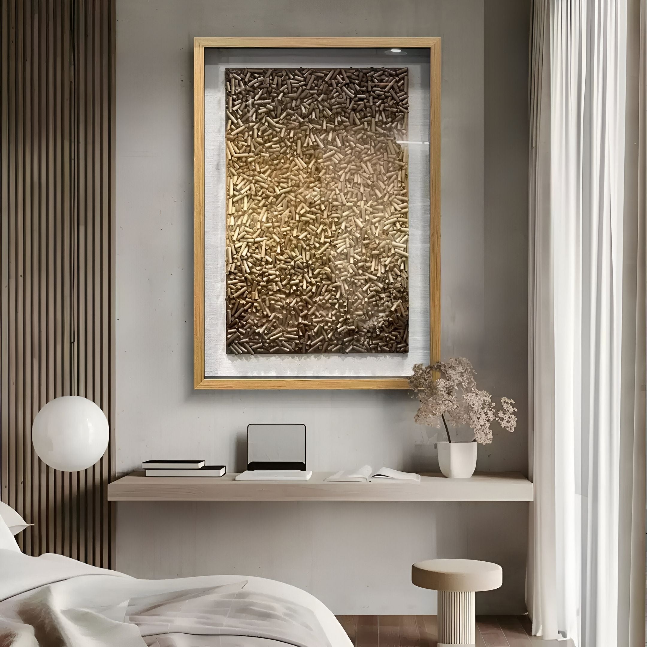 A modern bedroom showcases Giant Sculptures’ Brivora Golden Bronze Gradient Textured 3D Wall Art on a gray wall above a floating desk with a closed laptop, dried flowers in a vase, and white stool; sheer curtains filter soft light.