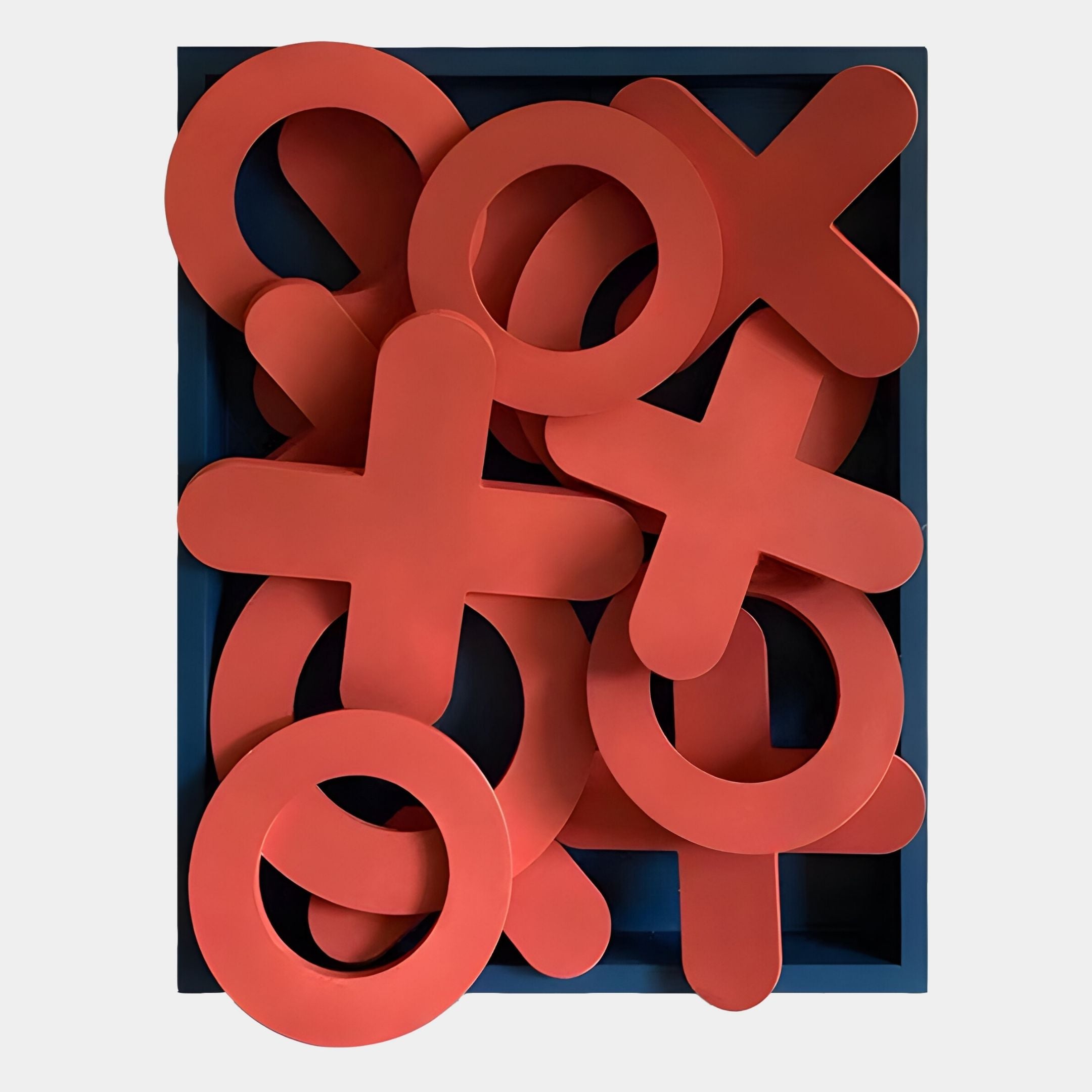 The Typova Red X&O Wood Carving 3D Wall Art by Giant Sculptures features large, layered red X and O shapes in a blue box, making it playful Nordic decor or unique modern wall art for your space.
