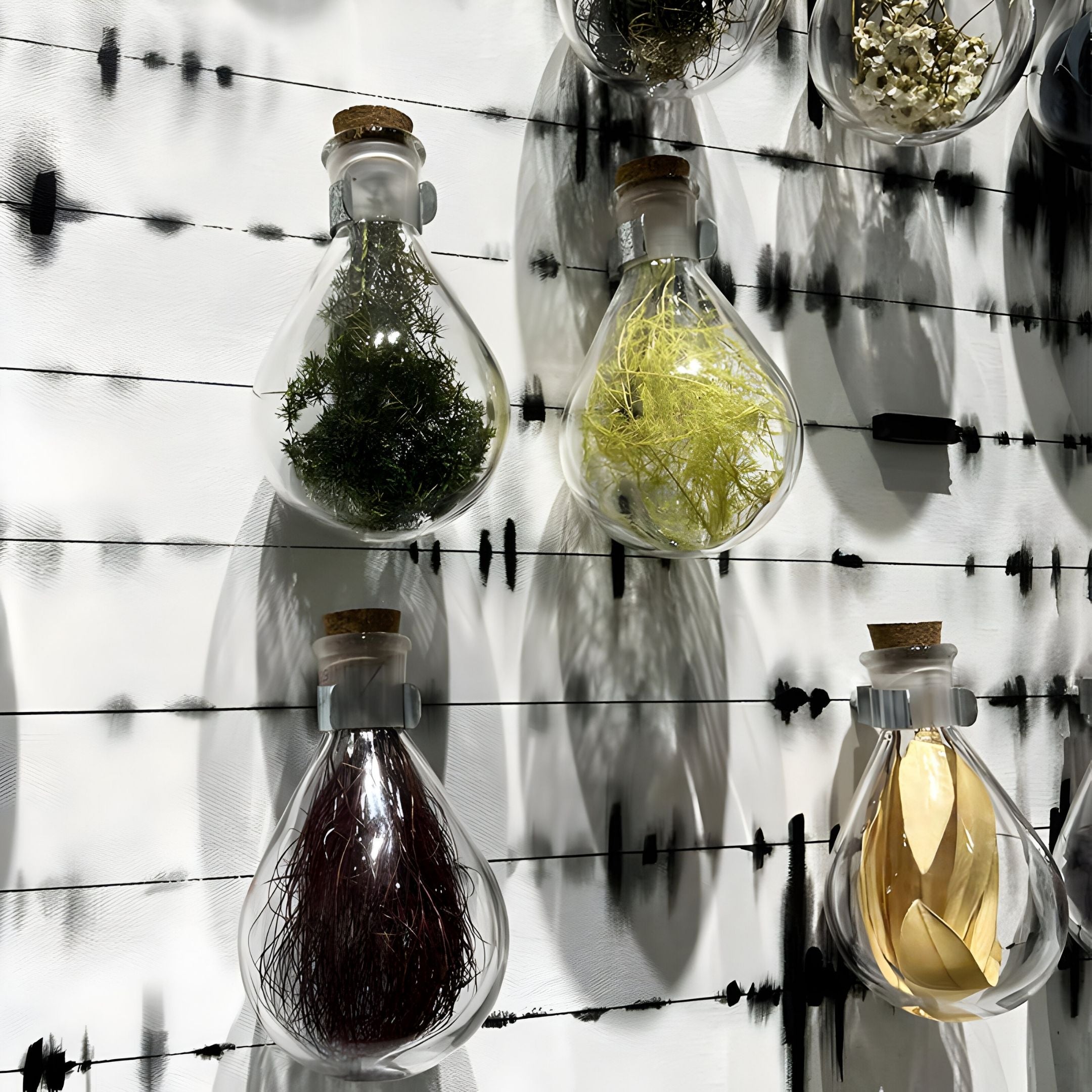 The Archivelle Multi-Specimen Glass Bottle 3D Wall Art by Giant Sculptures features cork-stoppered flasks with dried plants, mounted on a white wall with black lines for a striking botanical shadow effect.