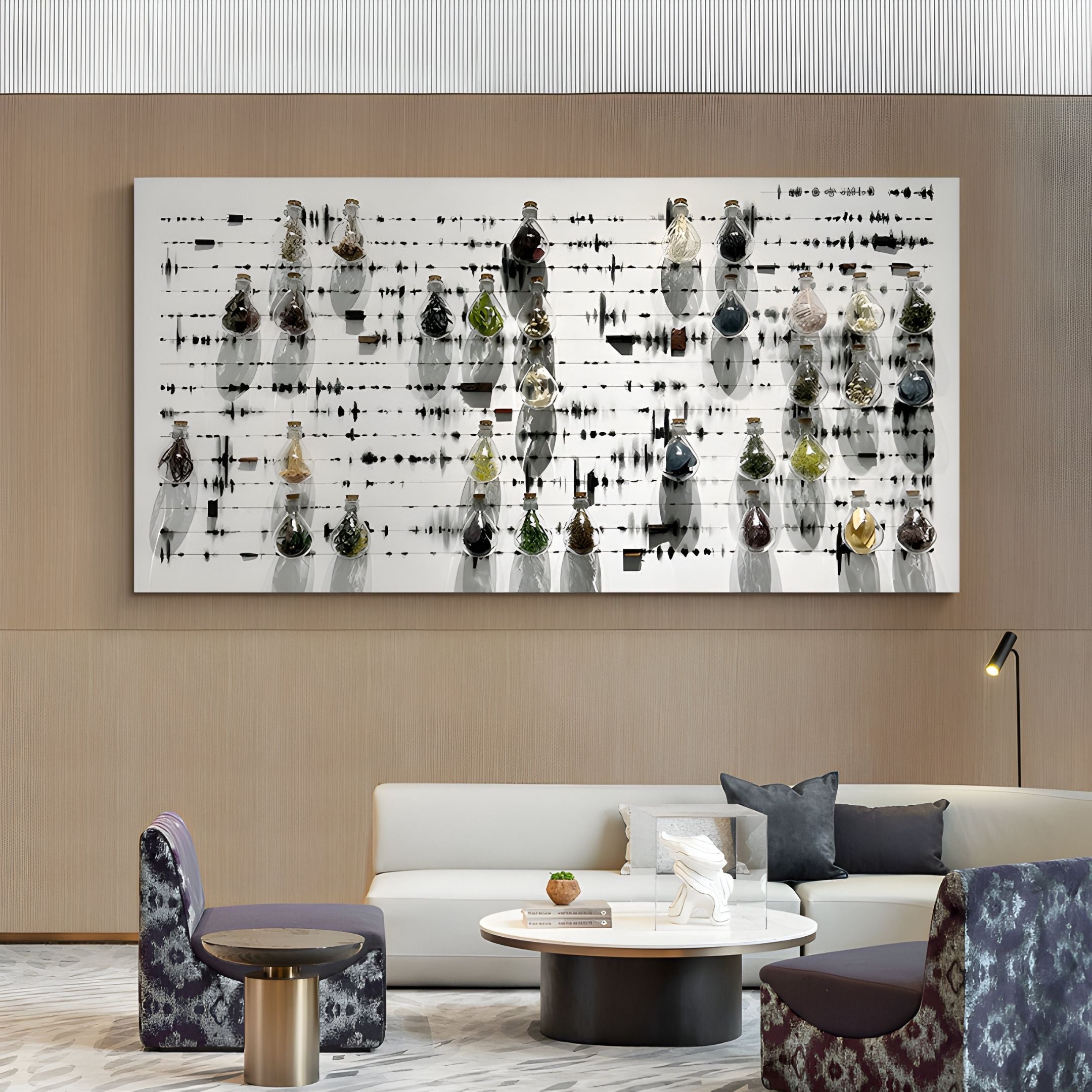 A modern lounge with light walls and contemporary furniture showcases the Archivelle Multi-Specimen Glass Bottle 3D Wall Art by Giant Sculptures, featuring black abstract lines on white, above a sofa and round coffee table.