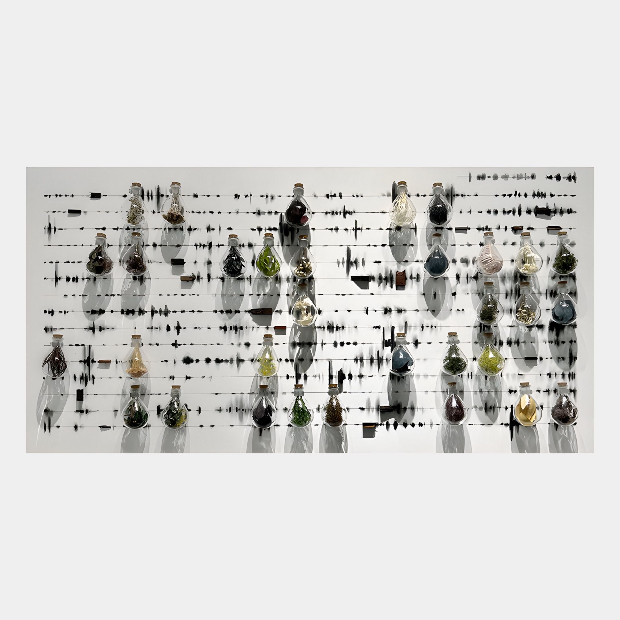 The Archivelle Multi-Specimen Glass Bottle 3D Wall Art by Giant Sculptures showcases glass vessels, each filled with colored materials, mounted over black soundwave patterns on white and casting shadows for a striking 3D effect.