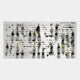 The Archivelle Multi-Specimen Glass Bottle 3D Wall Art by Giant Sculptures showcases glass vessels, each filled with colored materials, mounted over black soundwave patterns on white and casting shadows for a striking 3D effect.